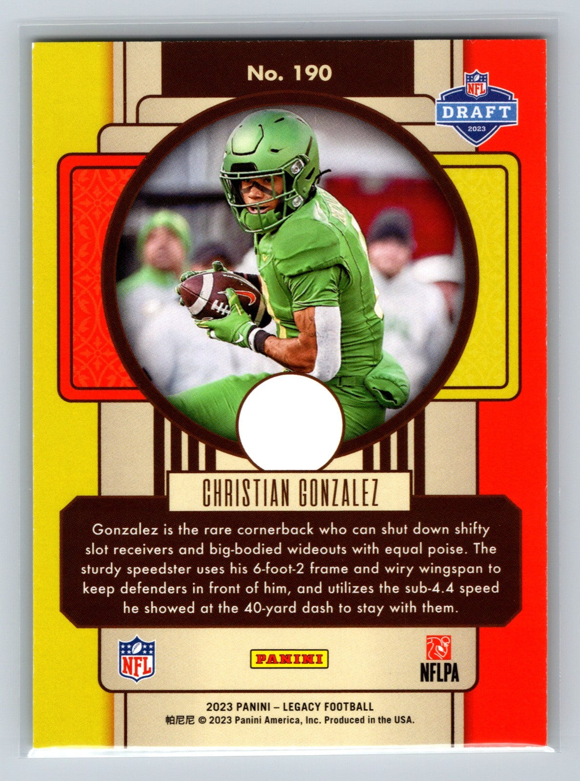 Christian Gonzalez 2023 Panini Legacy Yellow RC /150 #190 Ducks