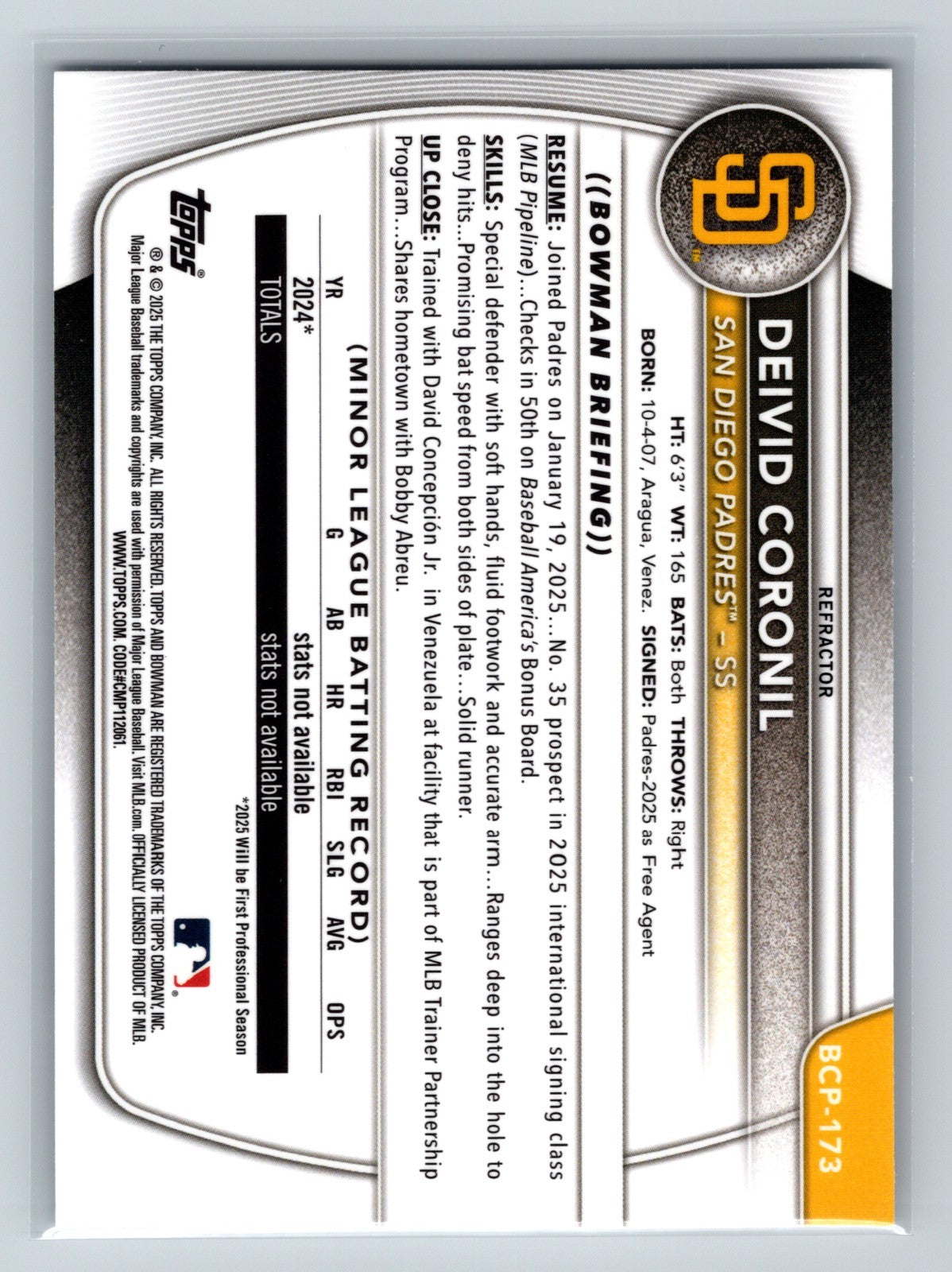 Deivid Coronil 2025 Bowman Chrome 1st Refractor /499 #BCP-173 Padres