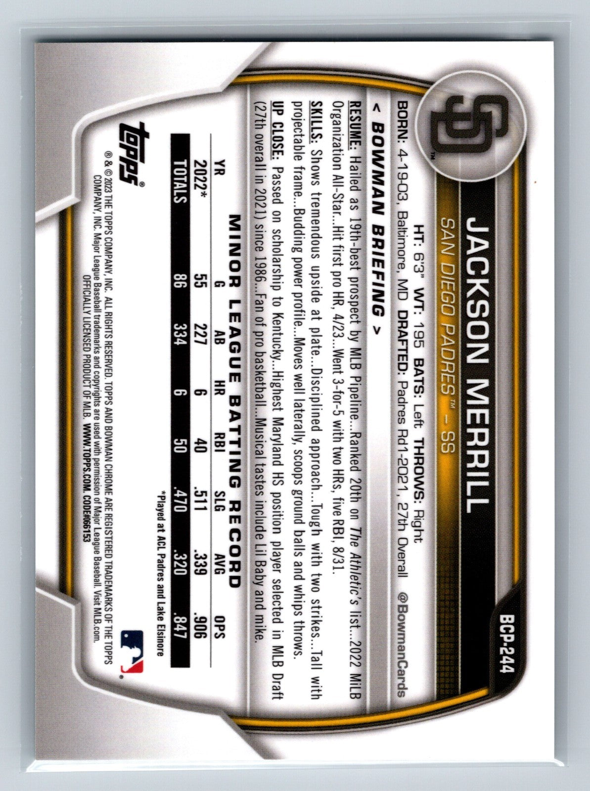Jackson Merill 2023 Bowman Chrome Prospects Aqua Sapphire Refractor /99 #BCP-244