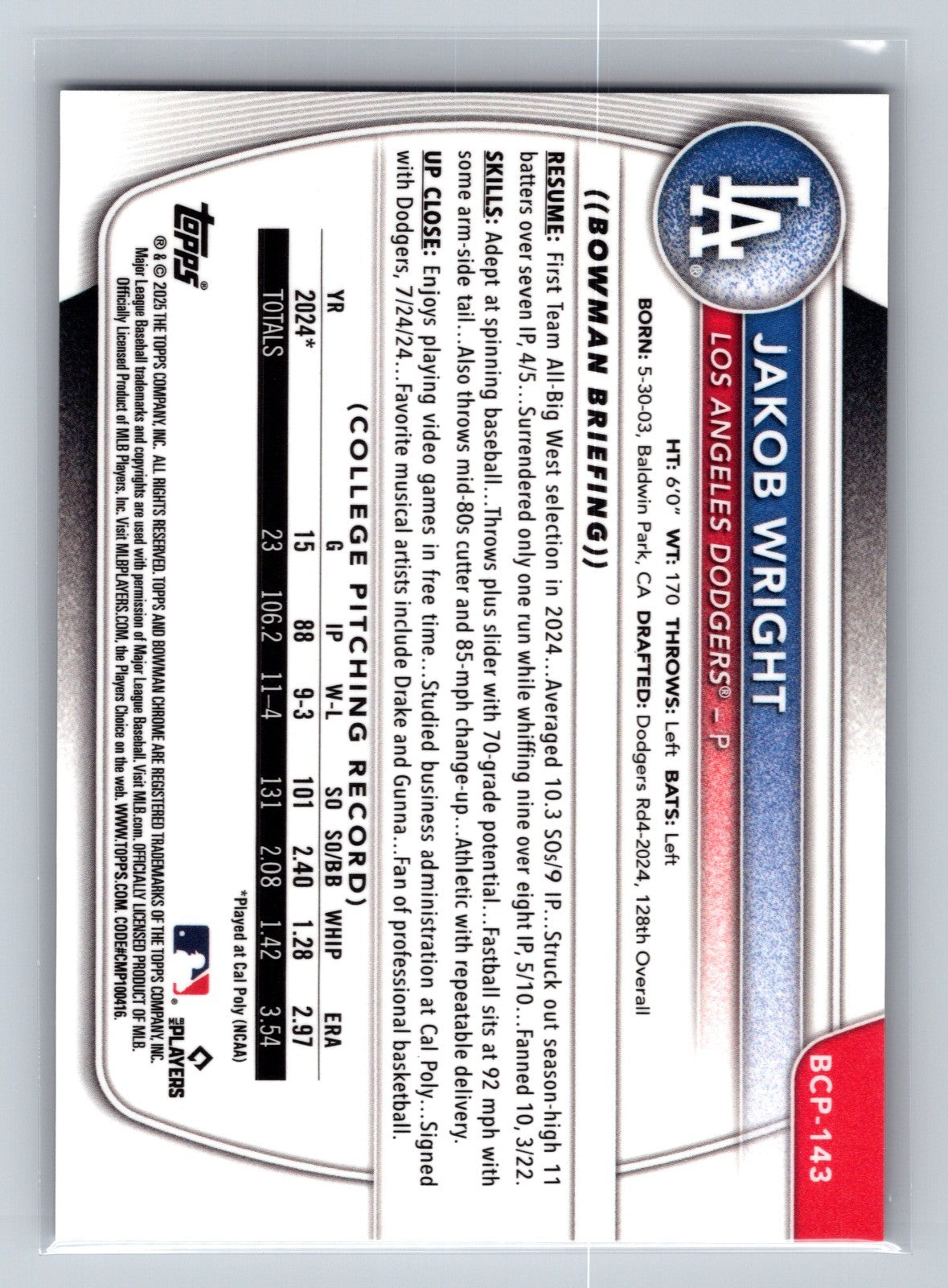 Jakob Wright 2025 Bowman Chrome 1st Fuchsia Wave Refractor /199 #BCP-143 Dodgers