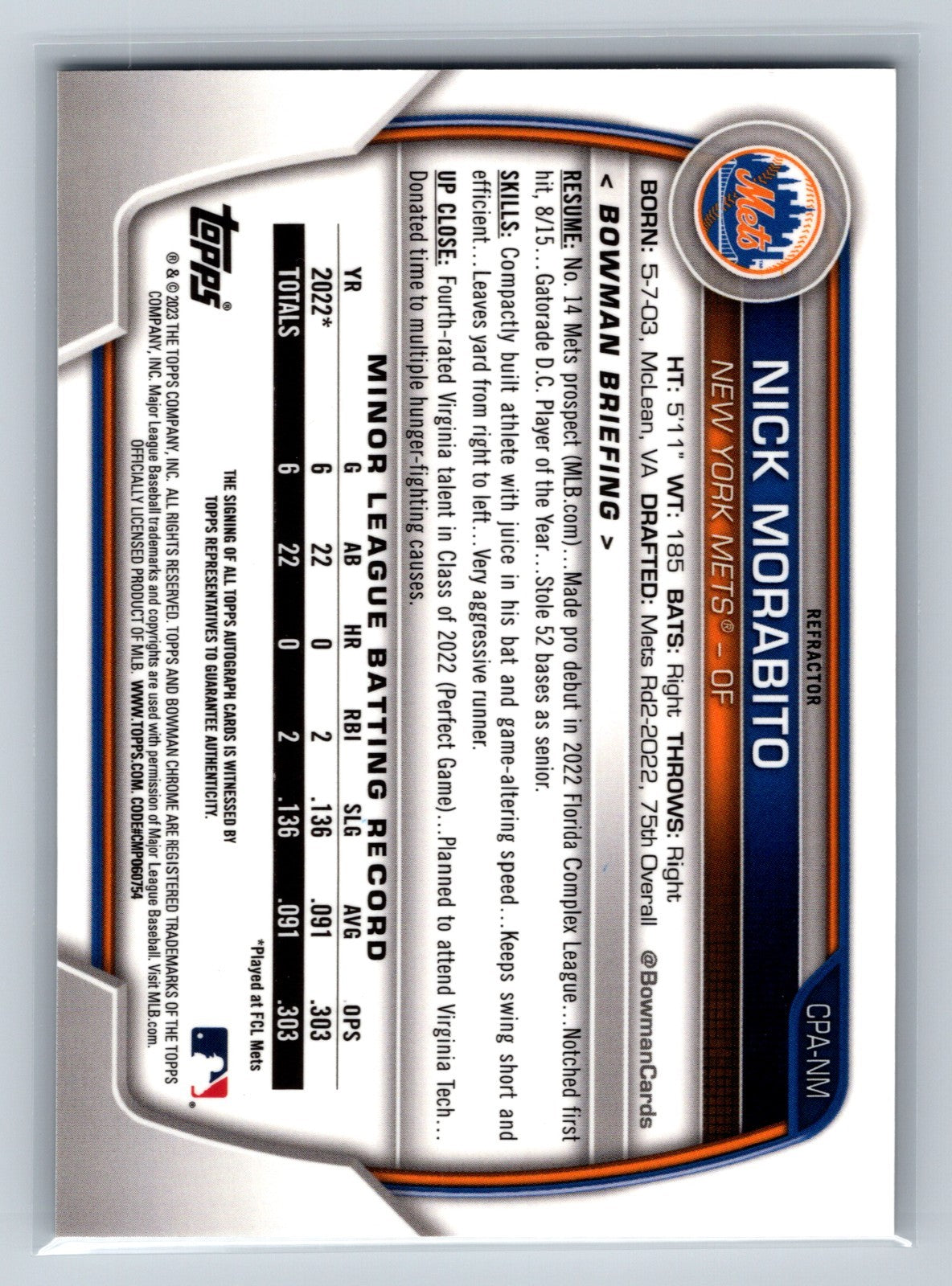 Nick Morabito 2023 Bowman Chrome 1st Refractor Auto /499 #CPA-NM Mets