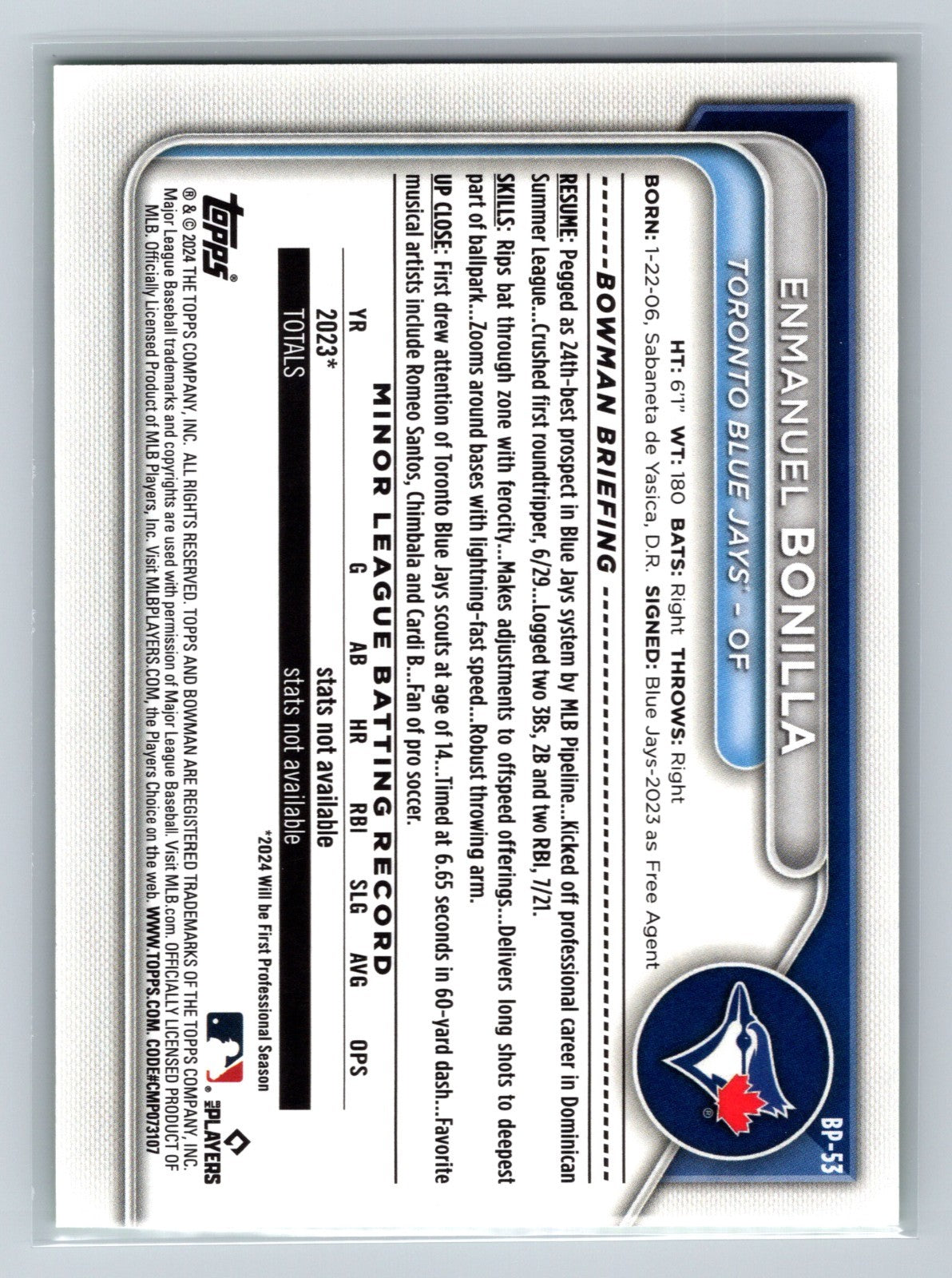 Enmanuel Bonilla 2024 Bowman Paper Prospects Lime Green /15 #BP-53