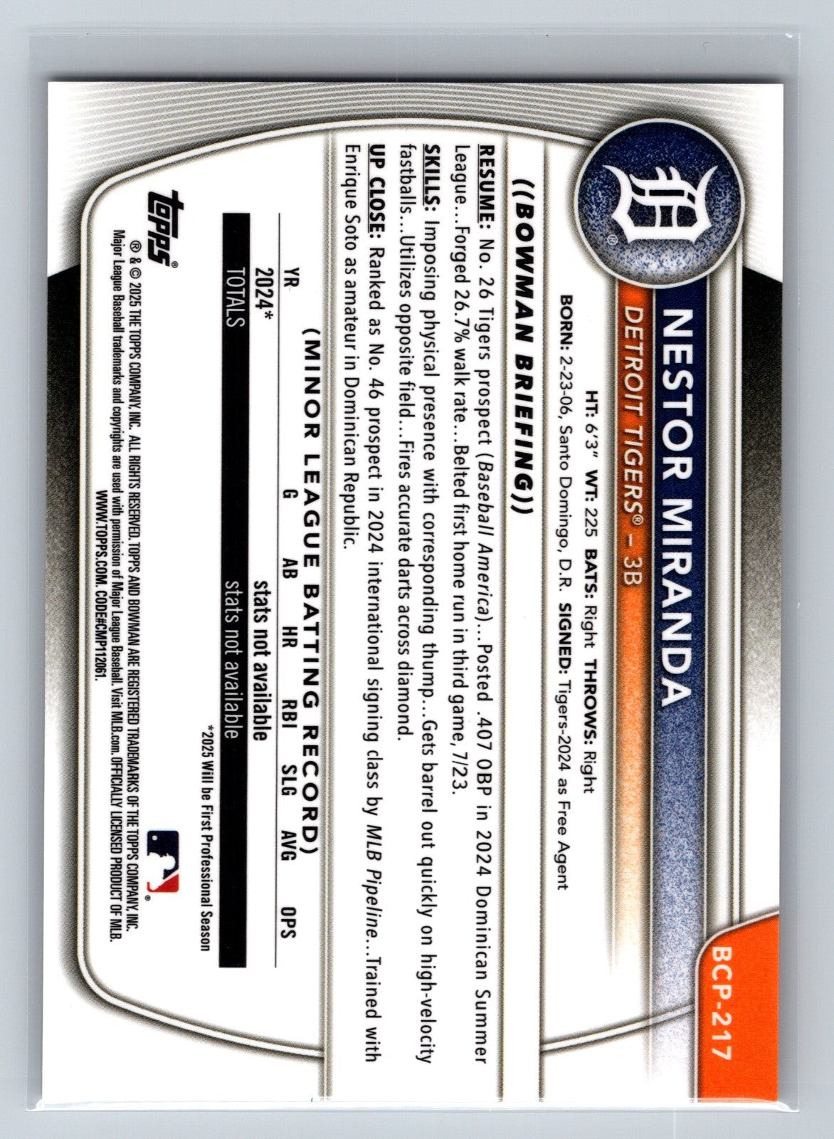 2025 Bowman Chrome Nestor Miranda Gold Refractor /50 #BCP-217 Tigers