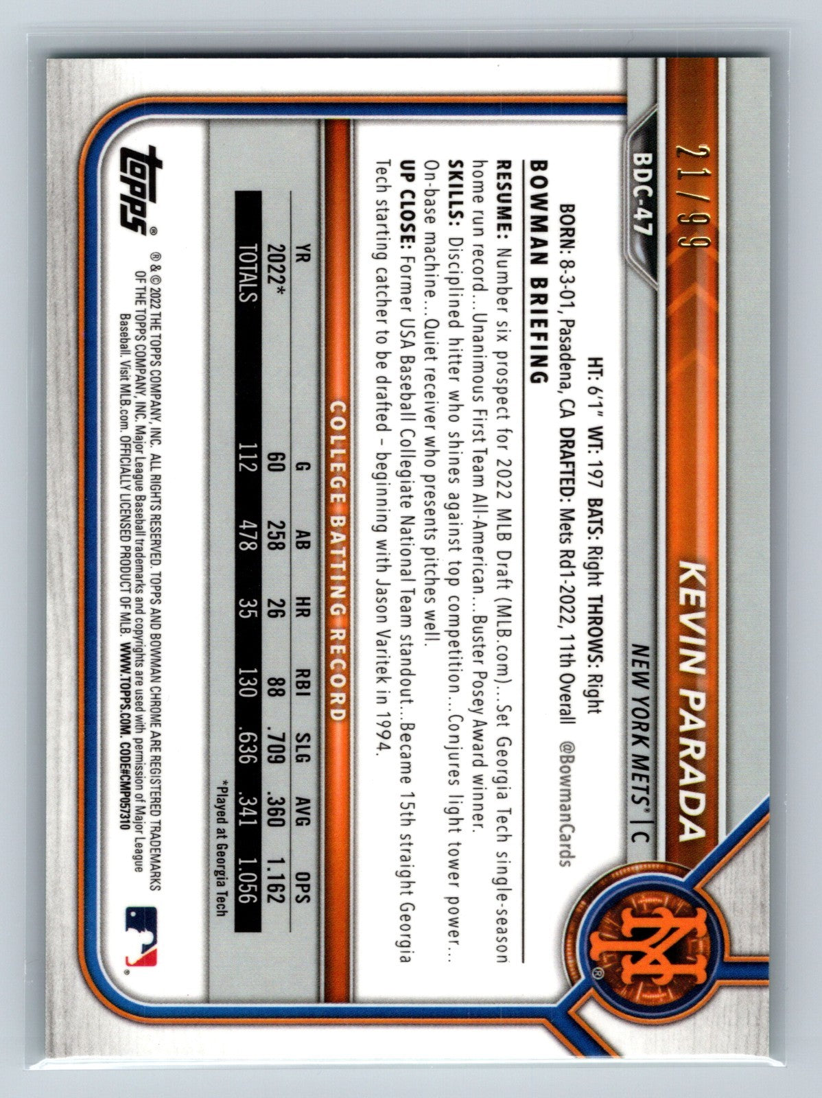 Kevin Parada 2022 Bowman Draft Chrome 1st Green Speckle Refractor /99 #BDC-47