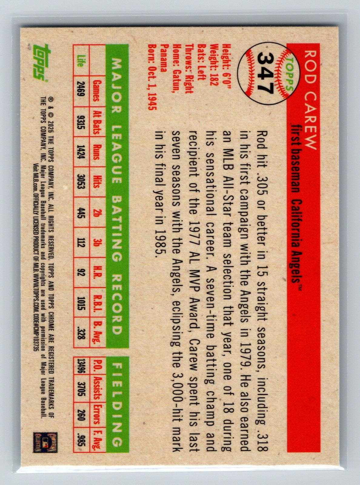 Rod Carew 2025 Topps Chrome Platinum Anniversary Topps Logo Refractor /499 #347
