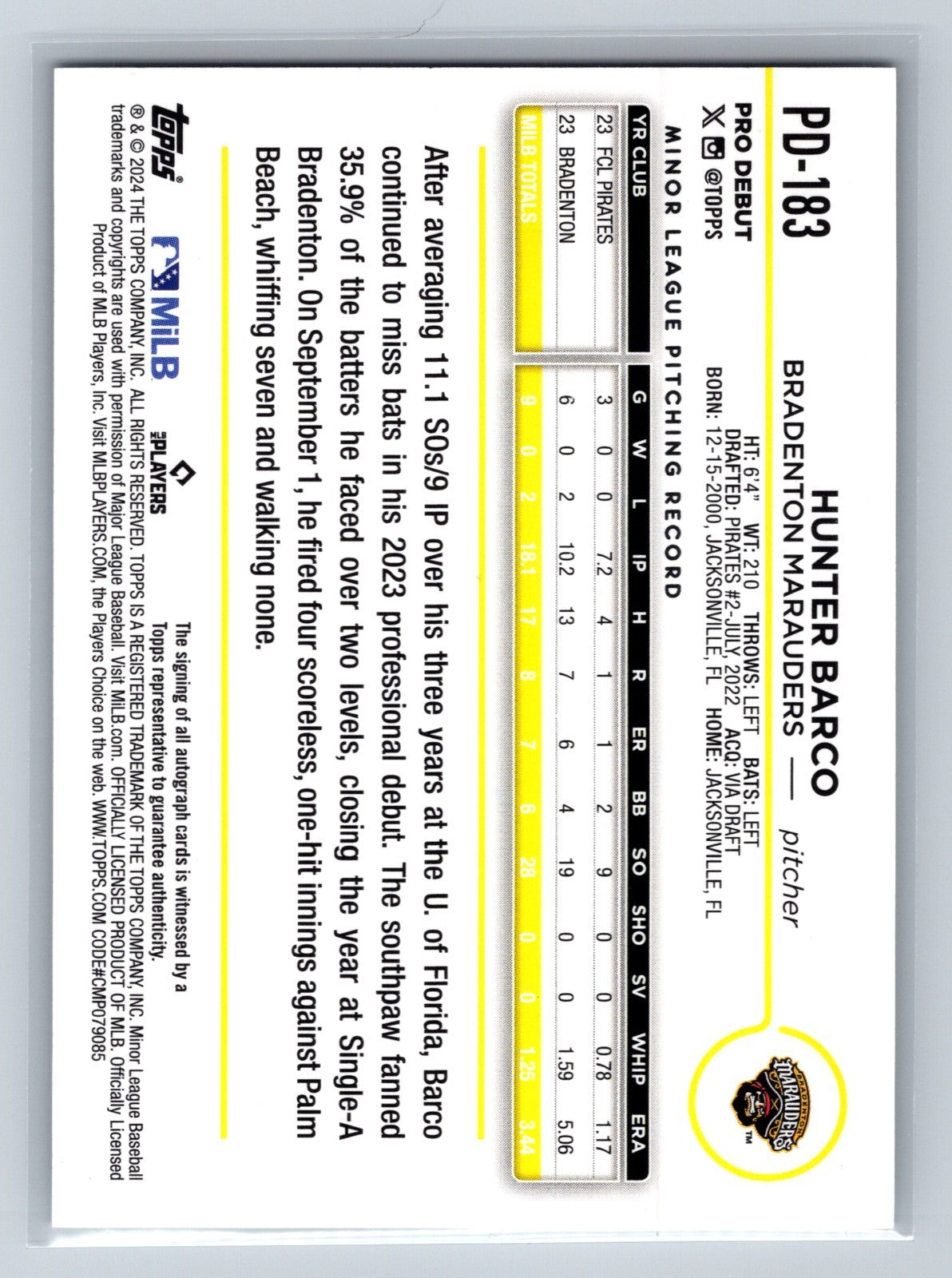 Hunter Barco 2024 Topps Pro Debut Auto #PD-183 Marauders