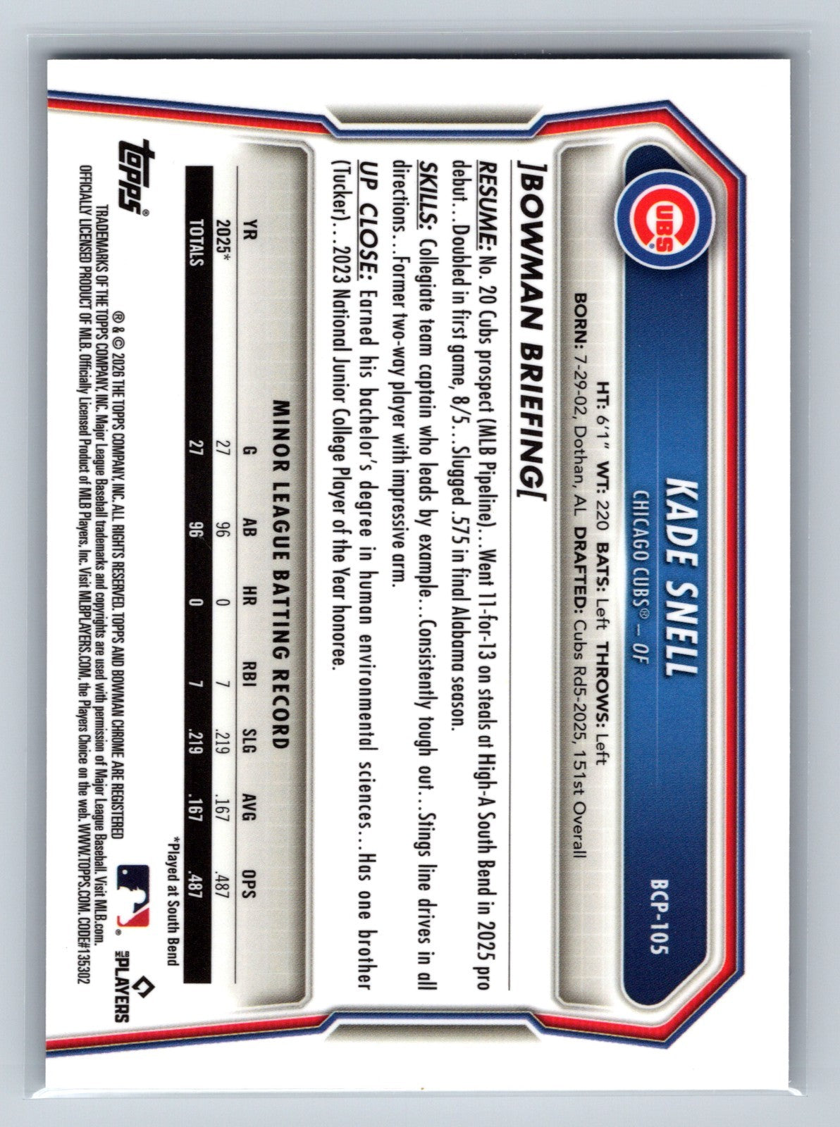 Kade Snell 2026 Bowman Chrome 1st Reptilian Refractor #BCP-105 Cubs