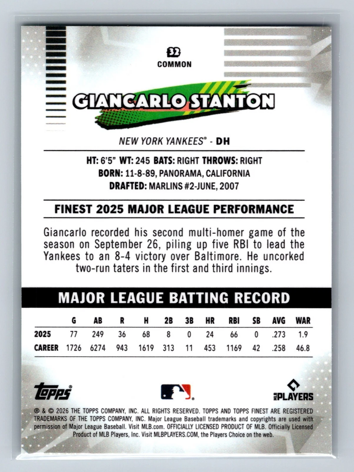 Giancarlo Stanton 2026 Topps Finest Common Green Refractor /99 #32 Yankees