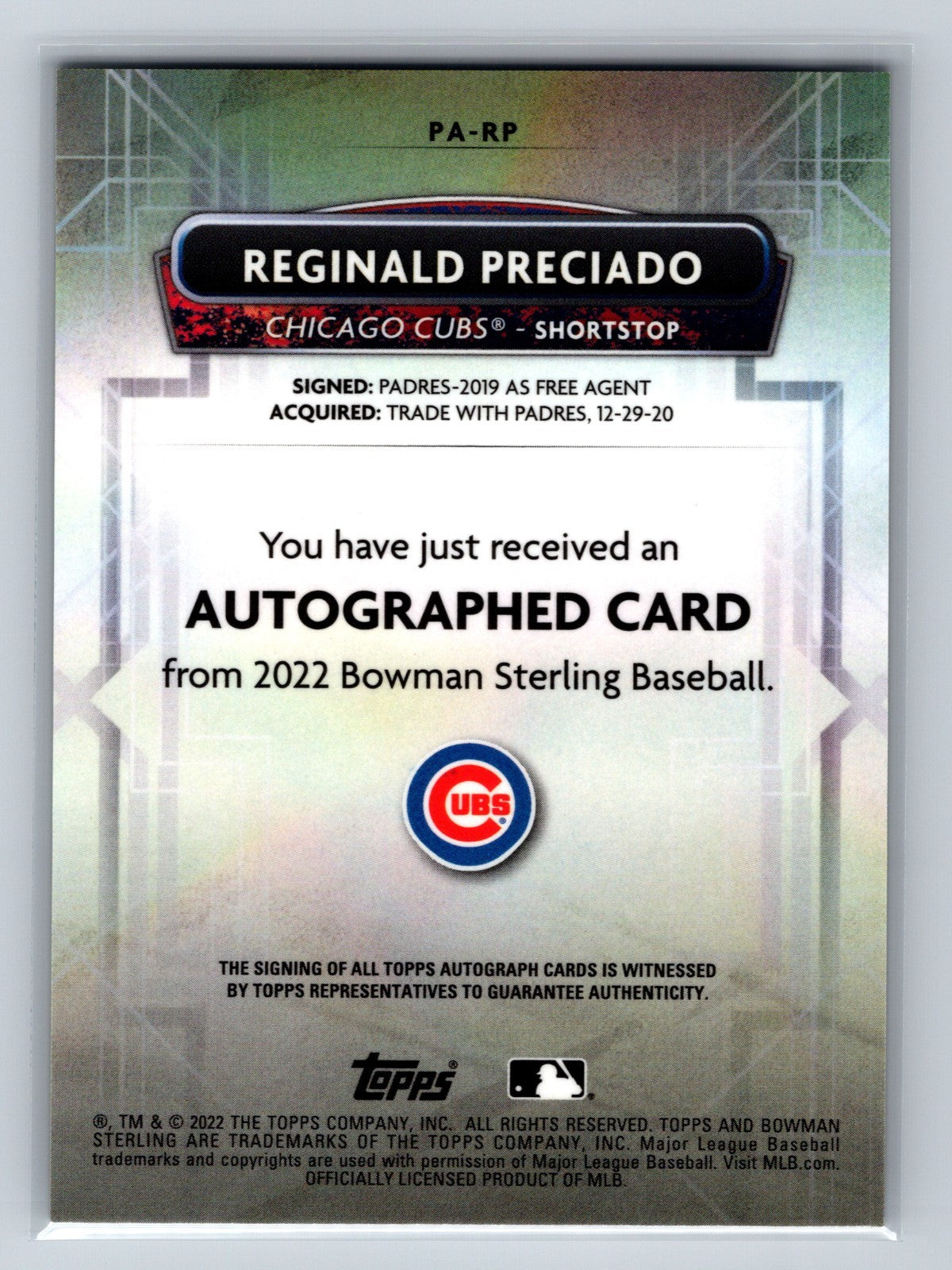 Reginald Preciado 2022 Bowman Sterling Gold Refractor Auto /50 #PA-RP Cubs