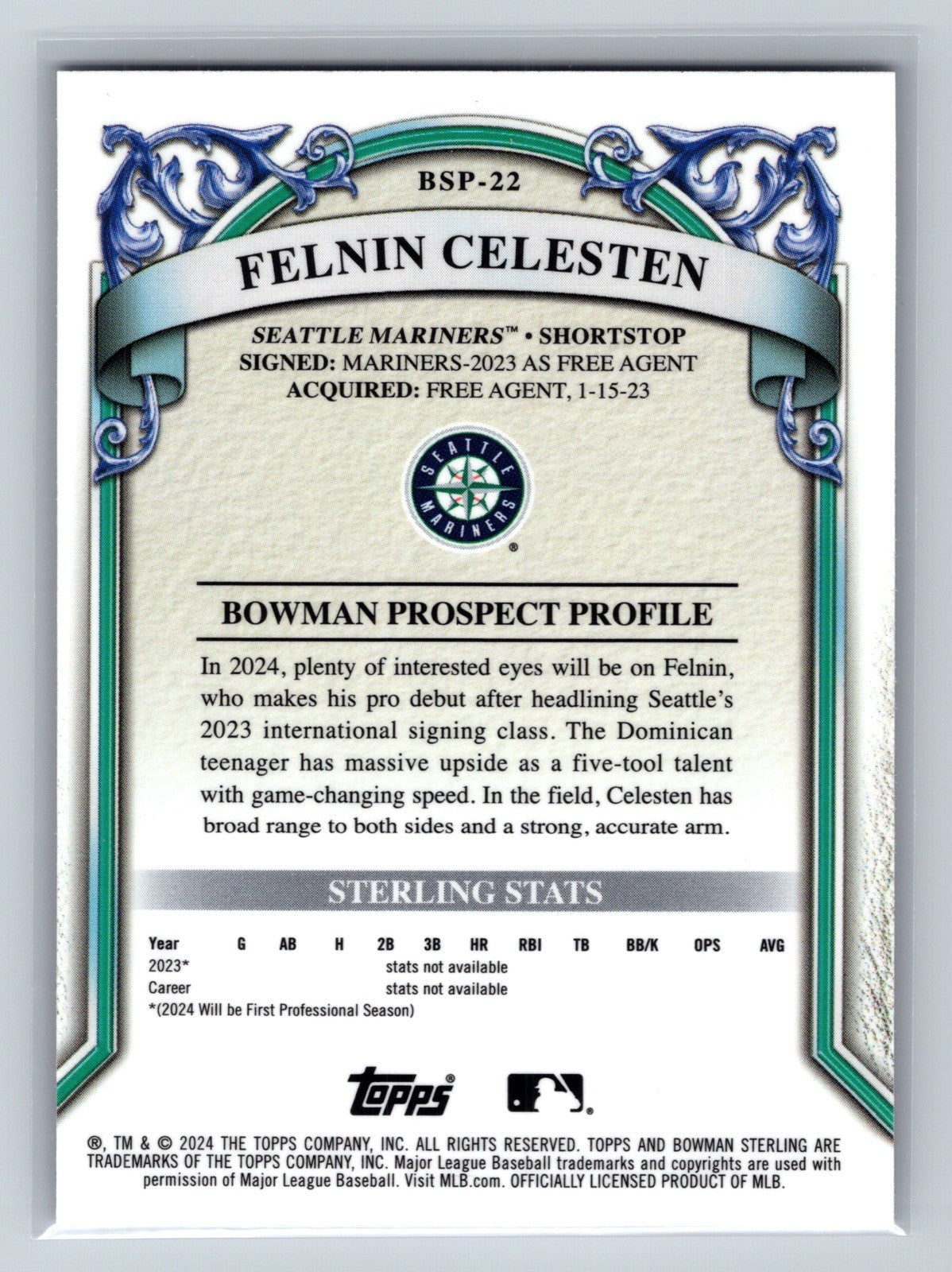 Felnin Celesten 2024 Bowman Sterling Prospects Magenta Refractor /75 #BSP-22