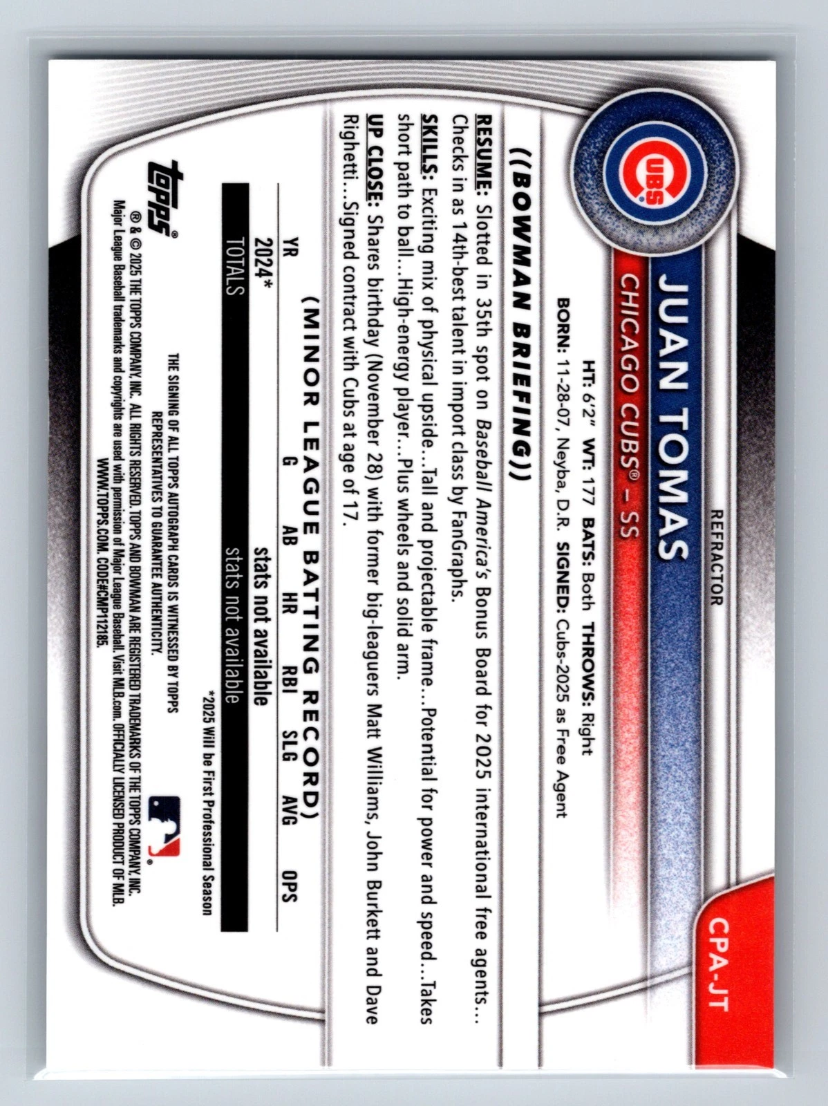 Juan Tomas 2025 Bowman Chrome 1st Refractor Auto /499 #CPA-JT Cubs
