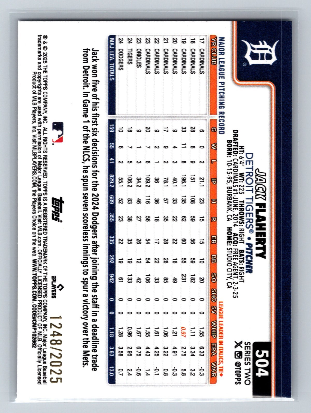 Jack Flaherty 2025 Topps Series 2 Gold /2025 #504 Tigers