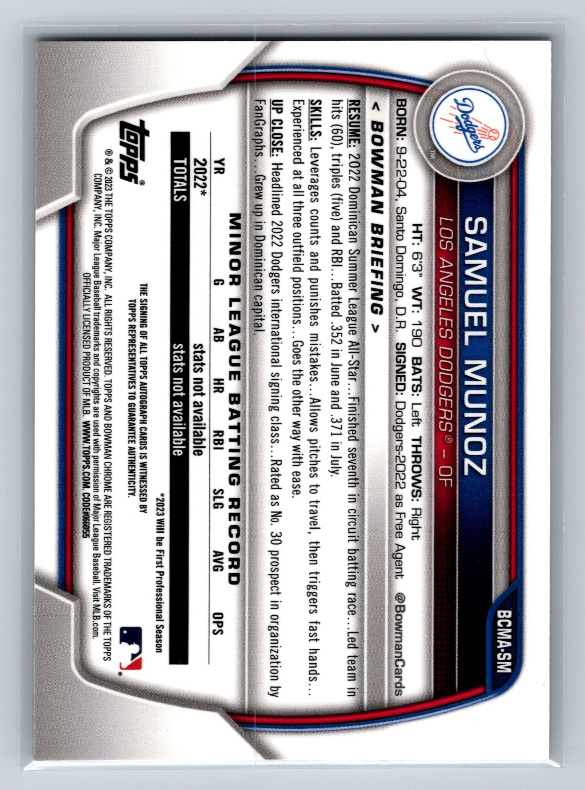 Samuel Munoz 2023 Bowman Chrome Prospect Mega Box Mojo Refractor Auto #BCMA-SM