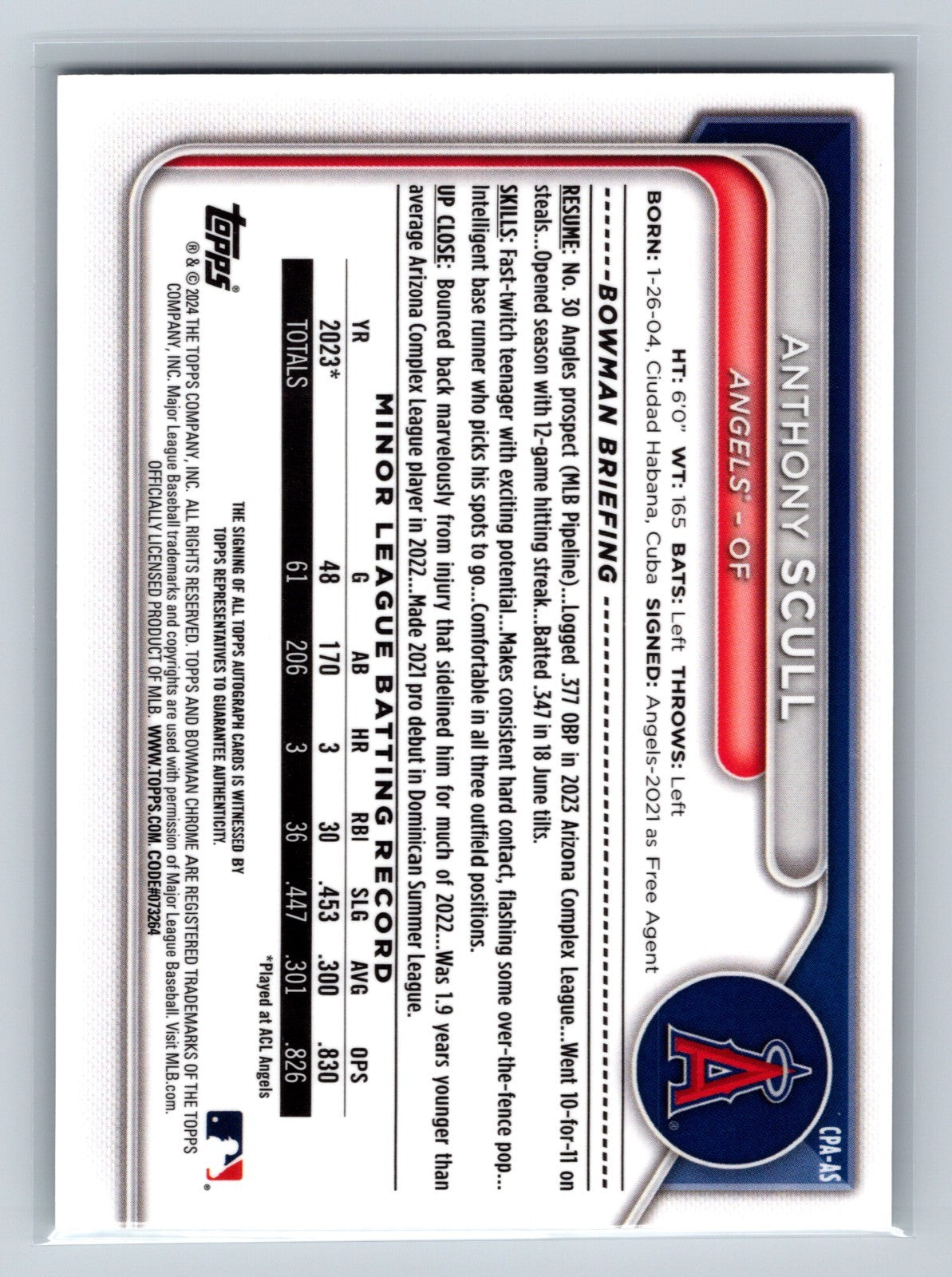Anthony Scull 2024 Bowman Chrome 1st Auto #CPA-AS Angels