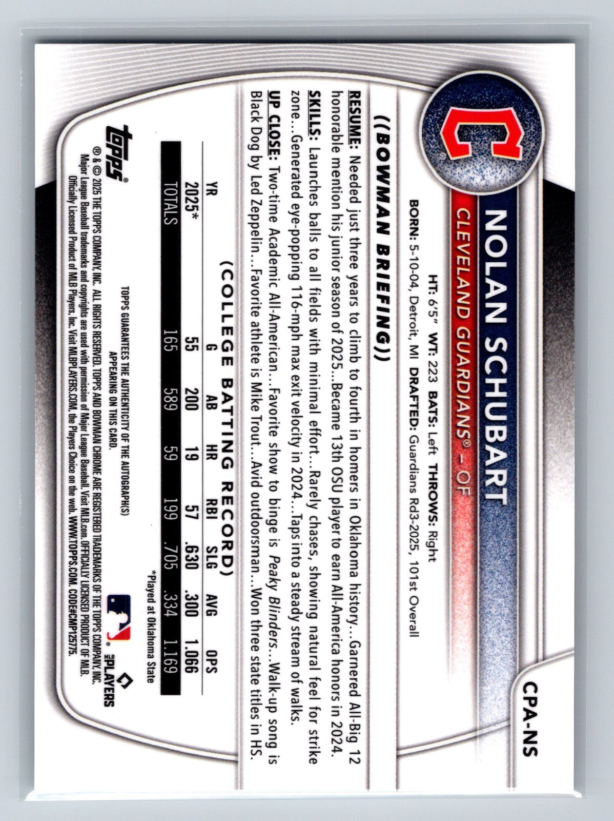 Nolan Schubart 2025 Bowman Draft Chrome 1st Auto #CPA-NS Guardians