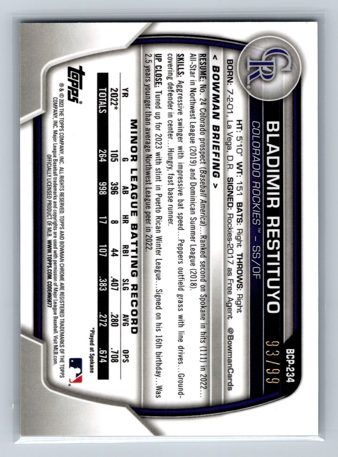 Bladimir Restituyo 2023 Bowman Draft Chrome 1st Green Shimmer Refractor /99