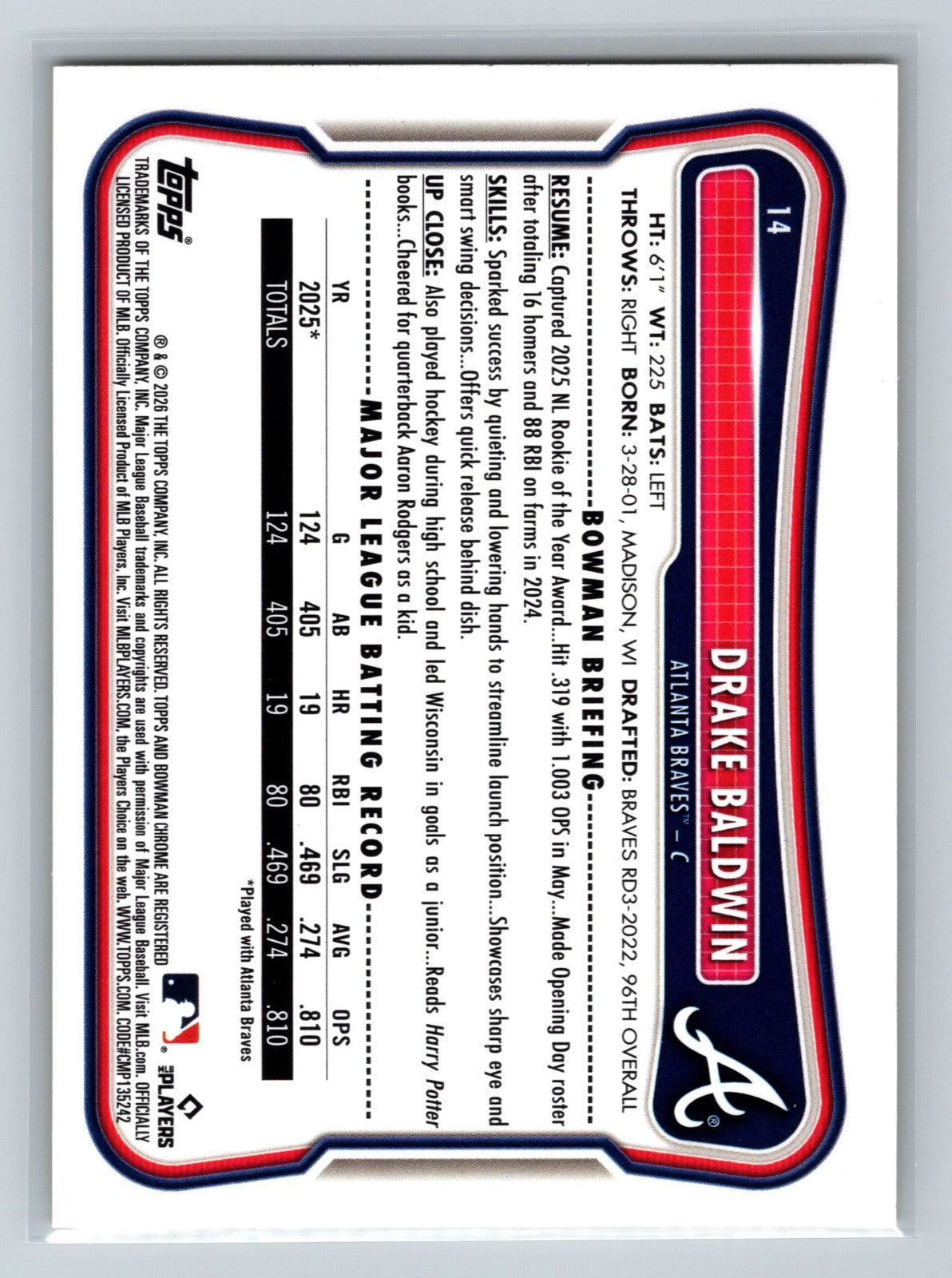 Drake Baldwin 2026 Bowman Yellow Scorecard /75 #14 Braves