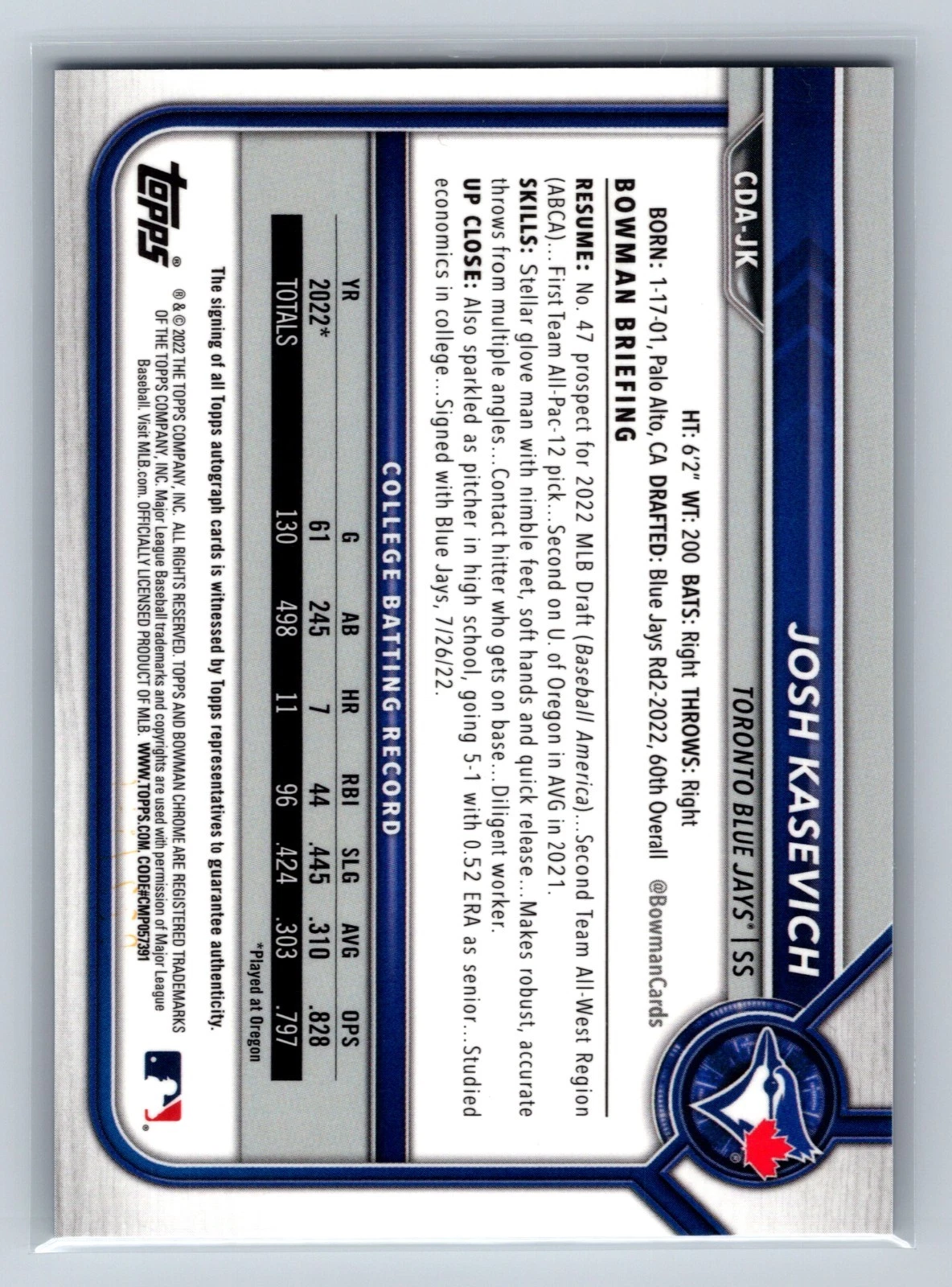 Josh Kasevich 2022 Bowman Draft Chrome 1st Blue Wave Refractor Auto /150 #CDA-JK