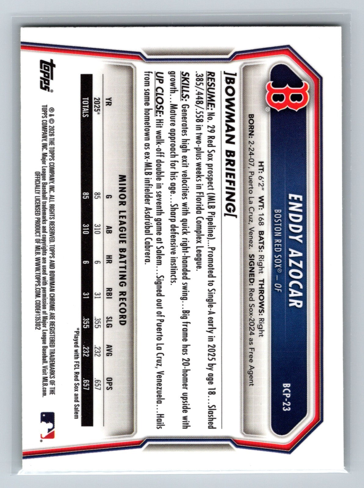Enddy Azocar 2026 Bowman Chrome 1st Yellow Refractor /75 #BCP-23 Red Sox
