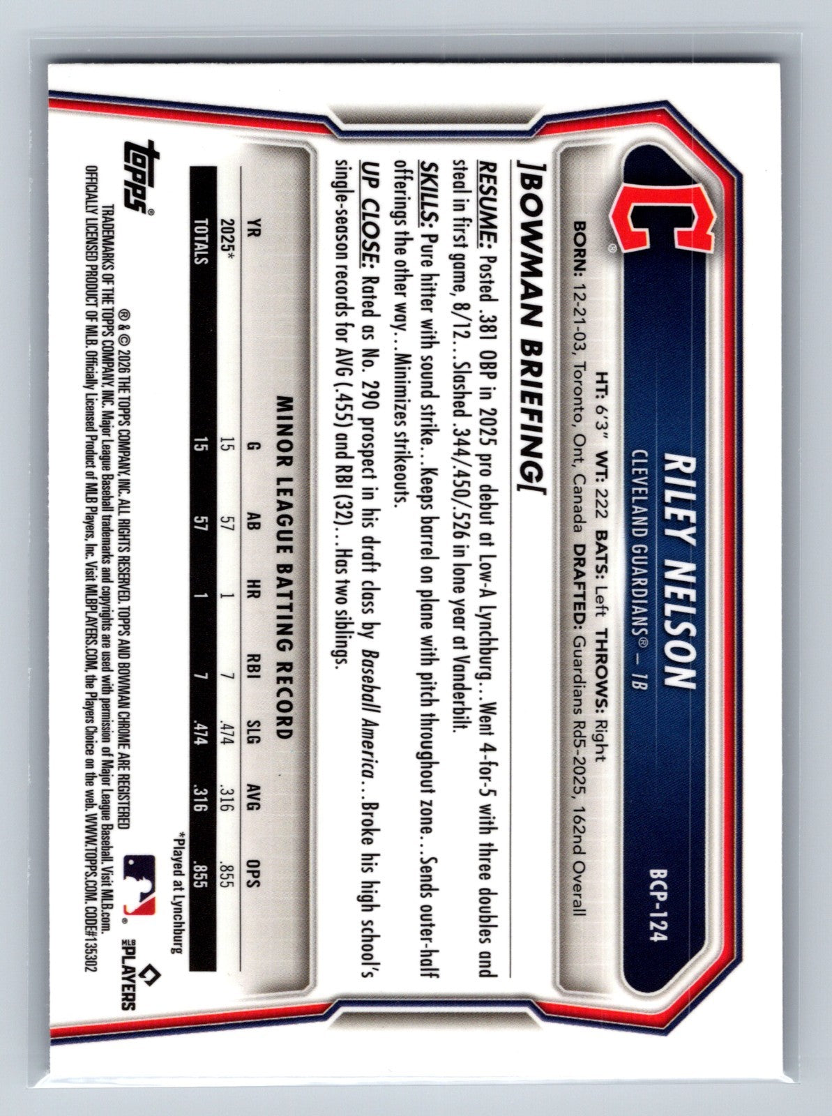 Riley Nelson 2026 Bowman Chrome 1st Purple RayWave Refractor /250 #BCP-124