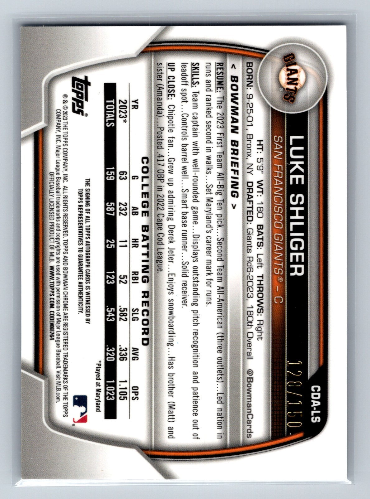 Luke Shliger 2023 Bowman Draft Chrome 1st Blue Refractor Auto /150 #CDA-LS