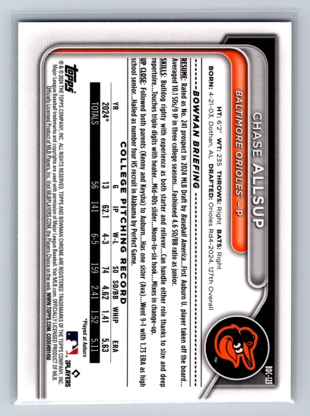 Chase Allsup 2024 Bowman Draft Chrome 1st Green Refractor /99 #BDC-123 Orioles