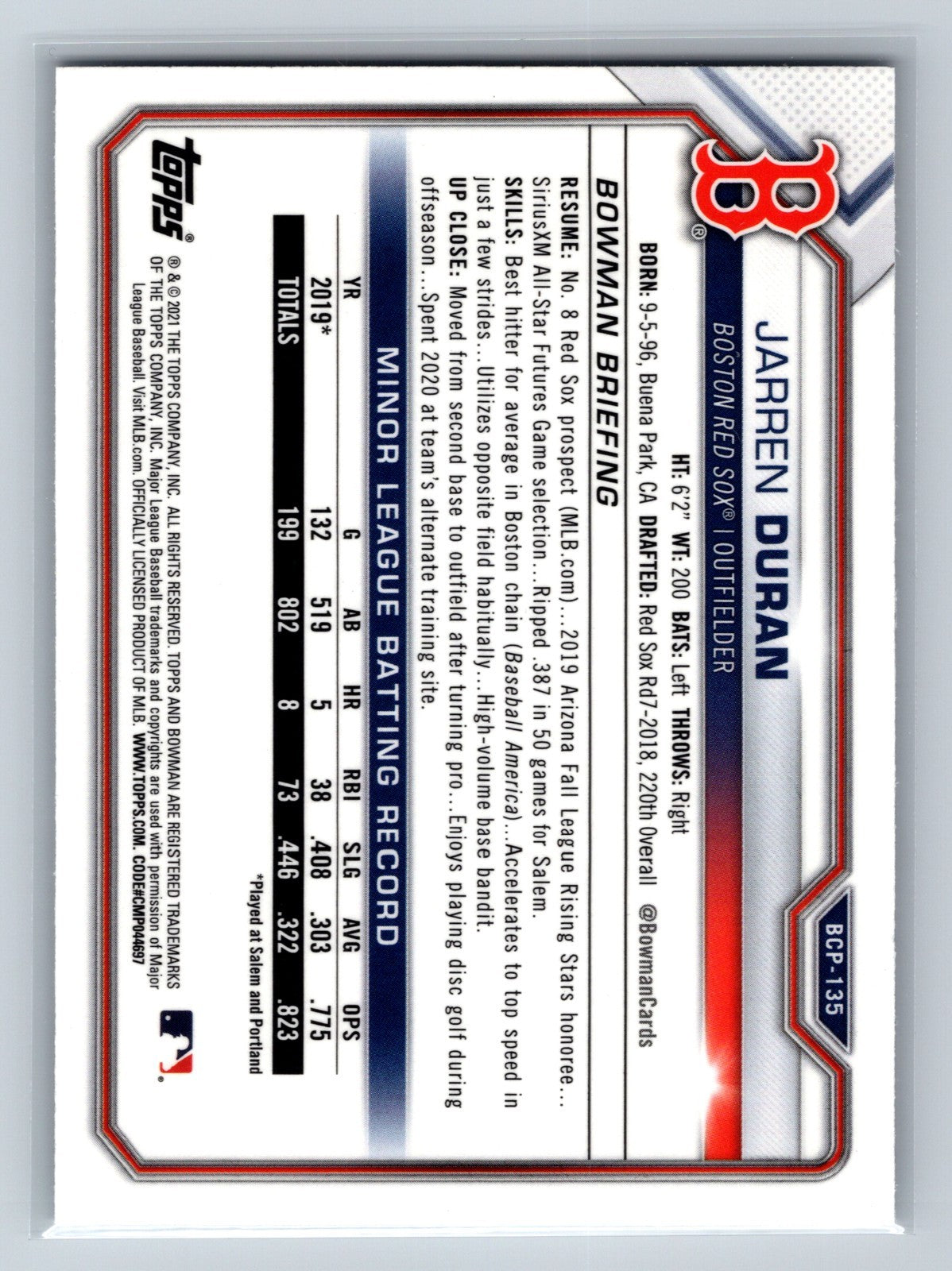 Jarren Duran 2021 Bowman Chrome Prospects Mojo Refractor #BCP-135 Red Sox