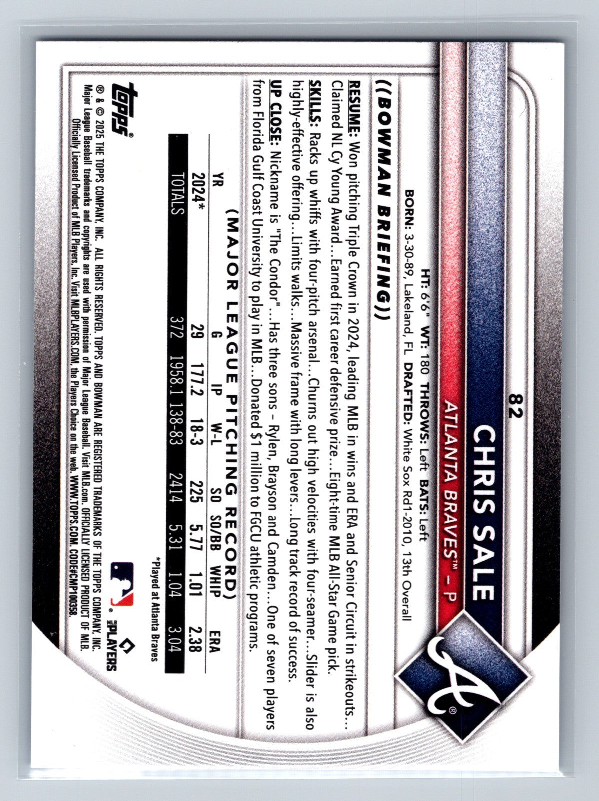 Chris Sale 2025 Bowman Blue Pattern /125 #82 Braves