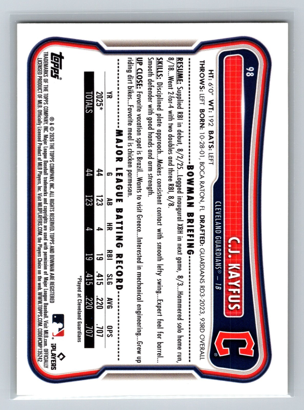 C.J. Kayfus 2026 Bowman Yellow Scorecard RC /75 #98 Guardians
