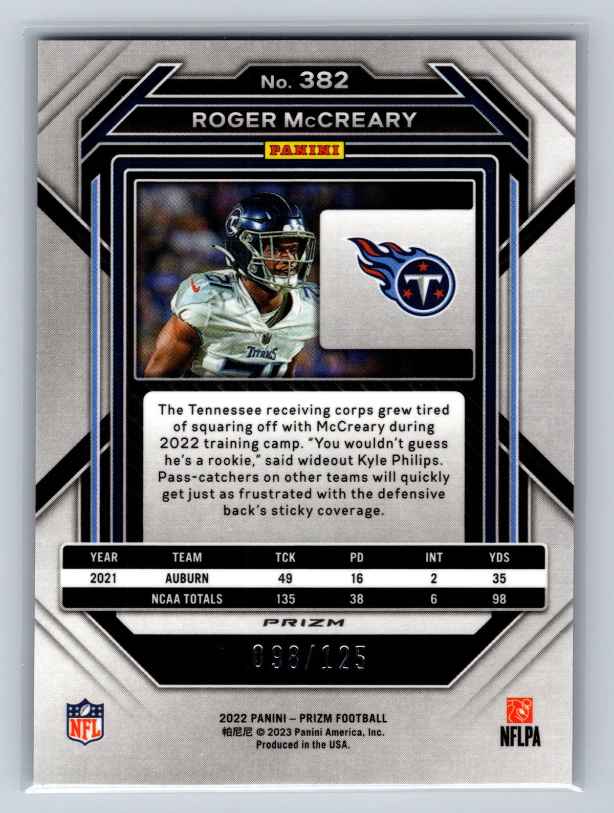 Roger McCreary 2022 Panini Prizm Purple Prizm RC /125 #382 Titans