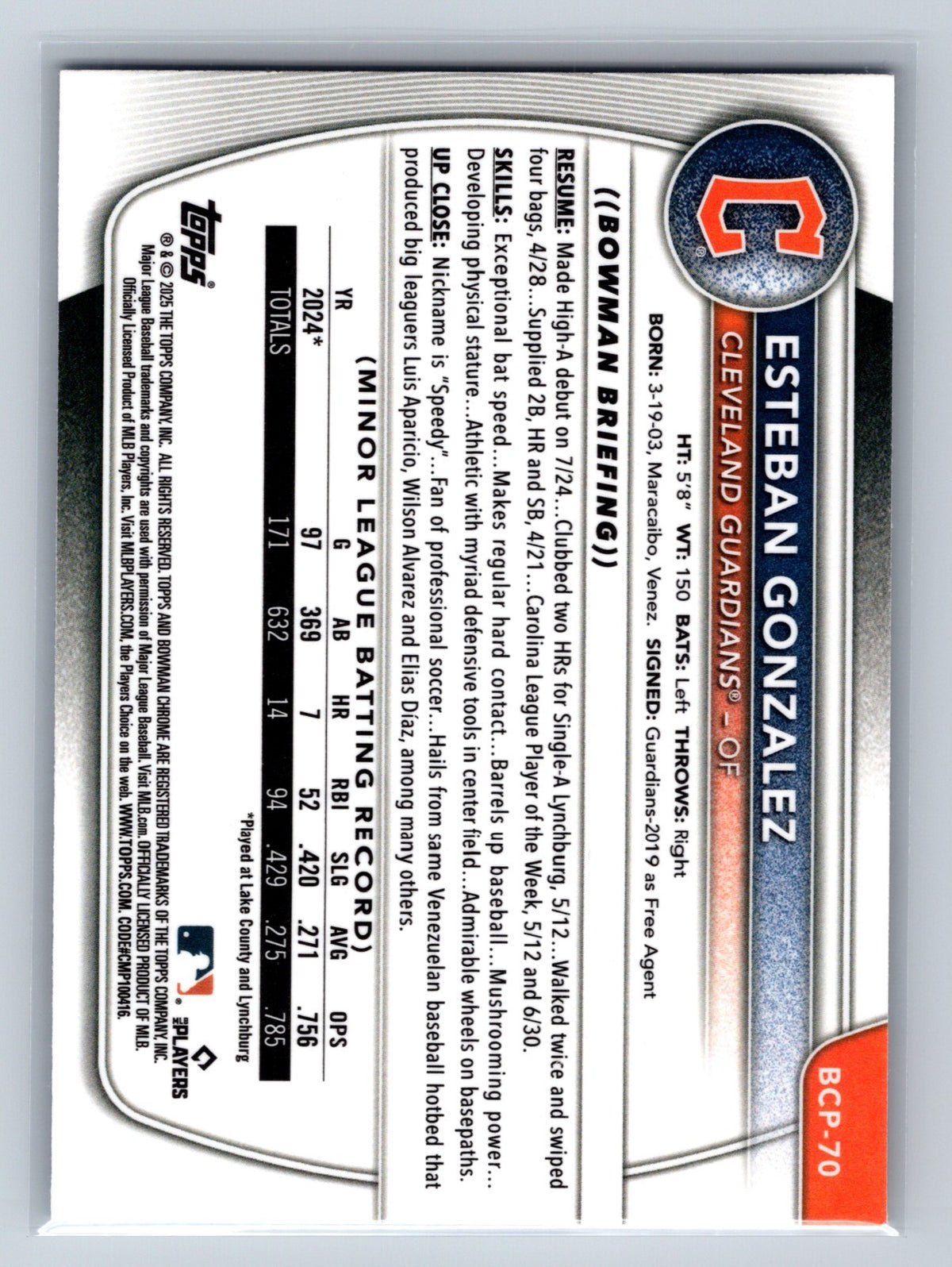 Esteban Gonzalez 2025 Bowman Chrome 1st Blue Refractor /150 #BCP-70 Guardians