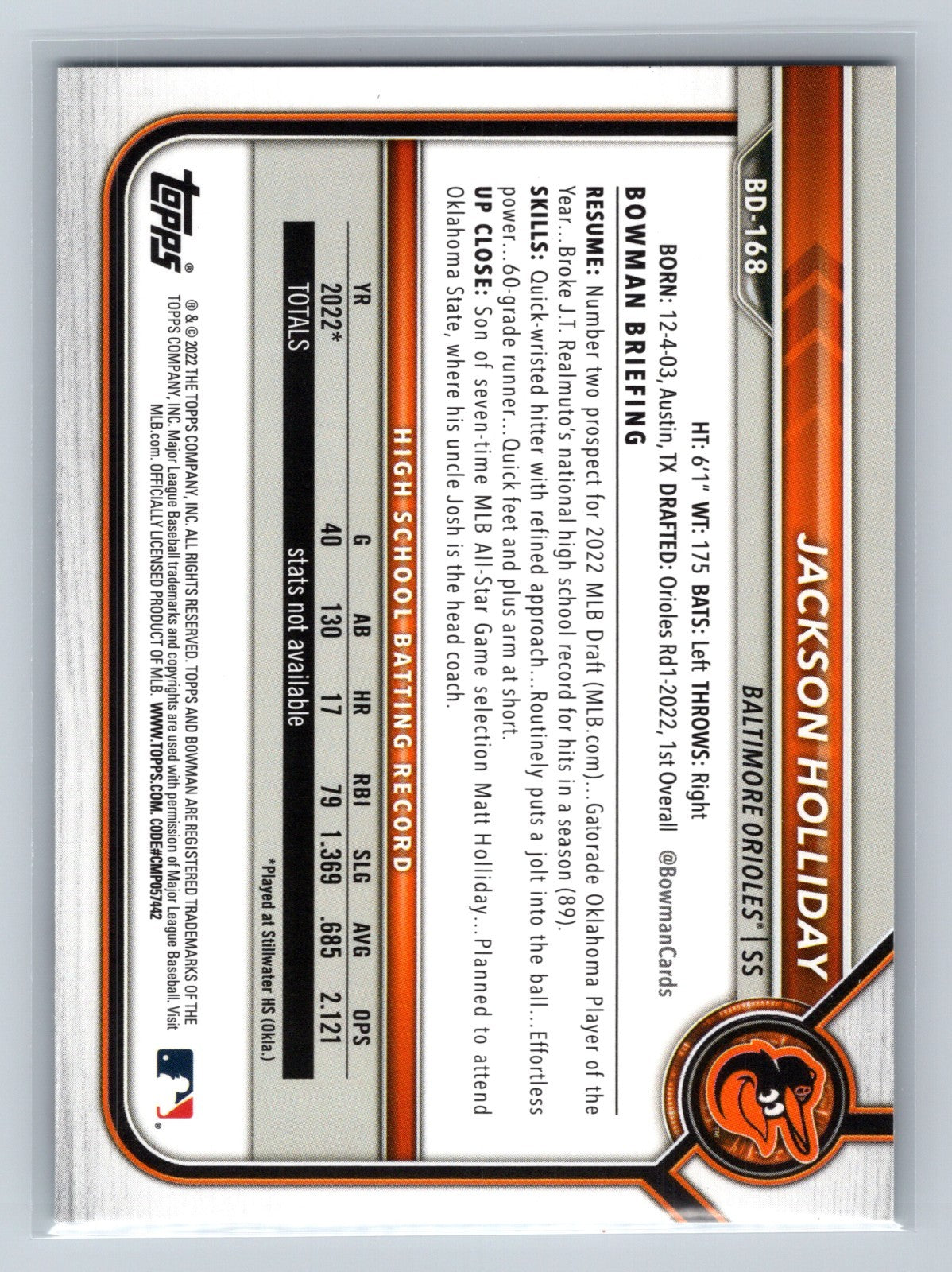 Jackson Holliday 2022 Bowman Draft 1st Edition Paper #BD-168 Orioles
