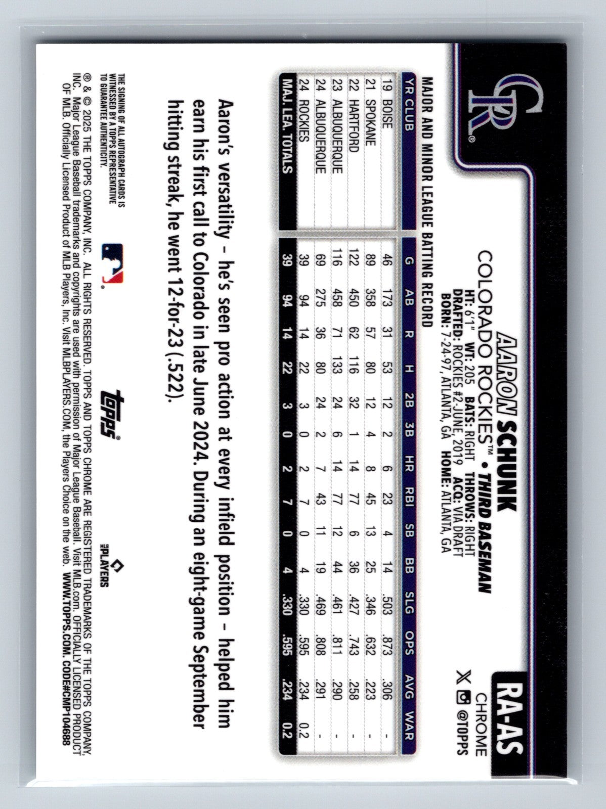 Aaron Schunk 2025 Topps Chrome Auto RC #RA-AS Rockies