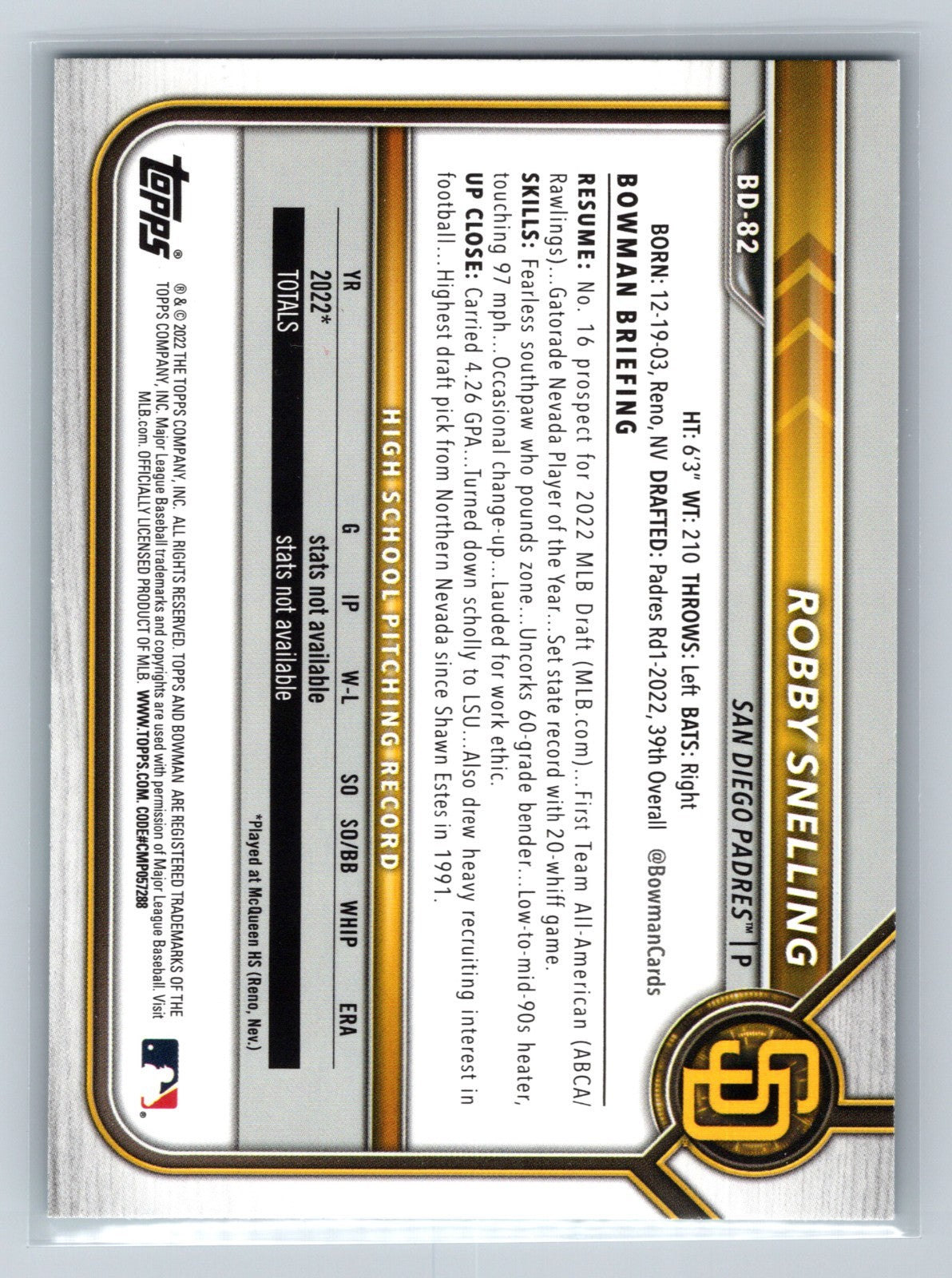Robby Snelling 2022 Bowman Draft 1st Paper Aqua /199 #BD-82 Padres