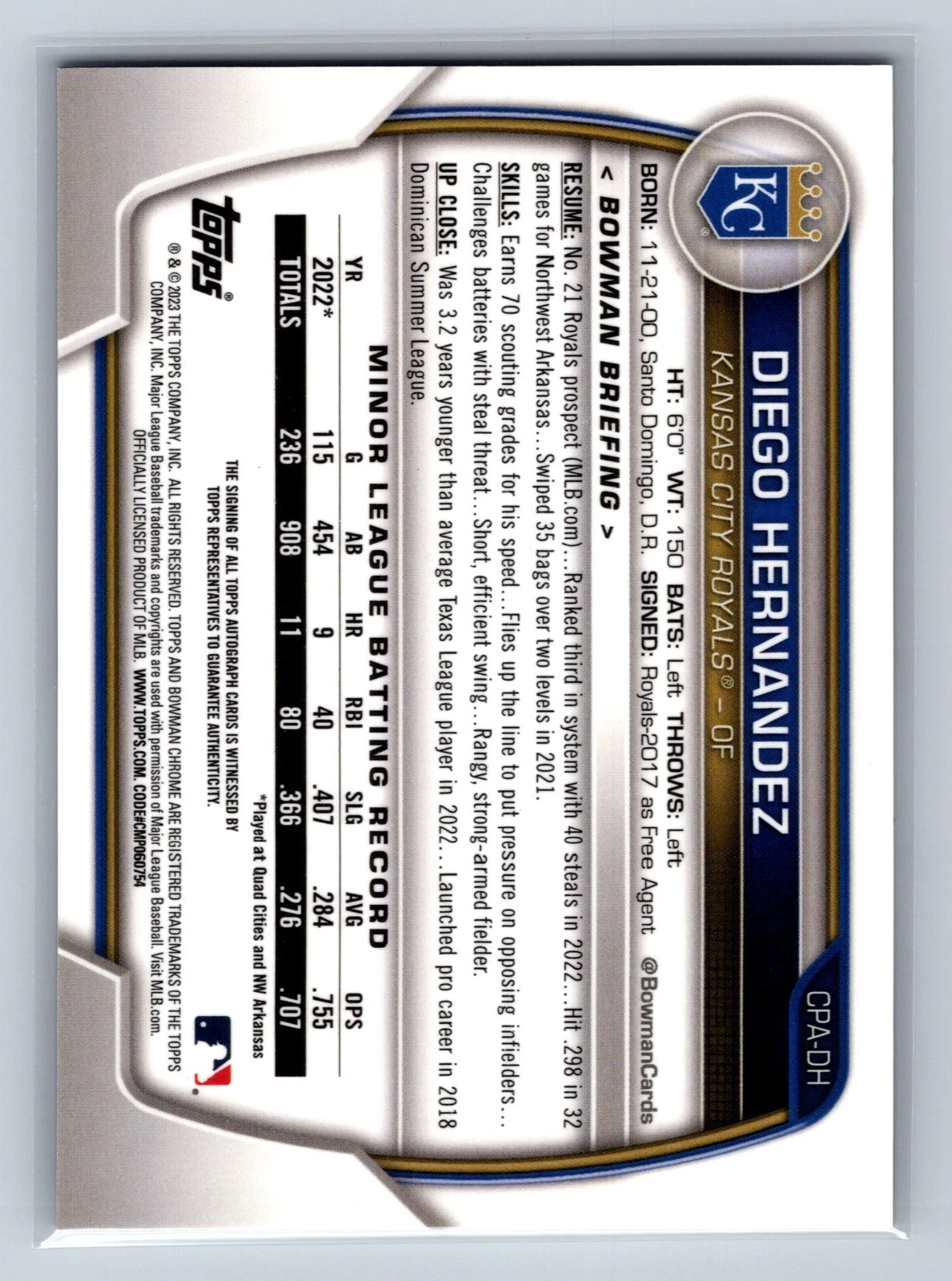 Diego Hernandez 2023 Bowman Chrome 1st Purple Refractor Auto /250 #CPA-DH Royals