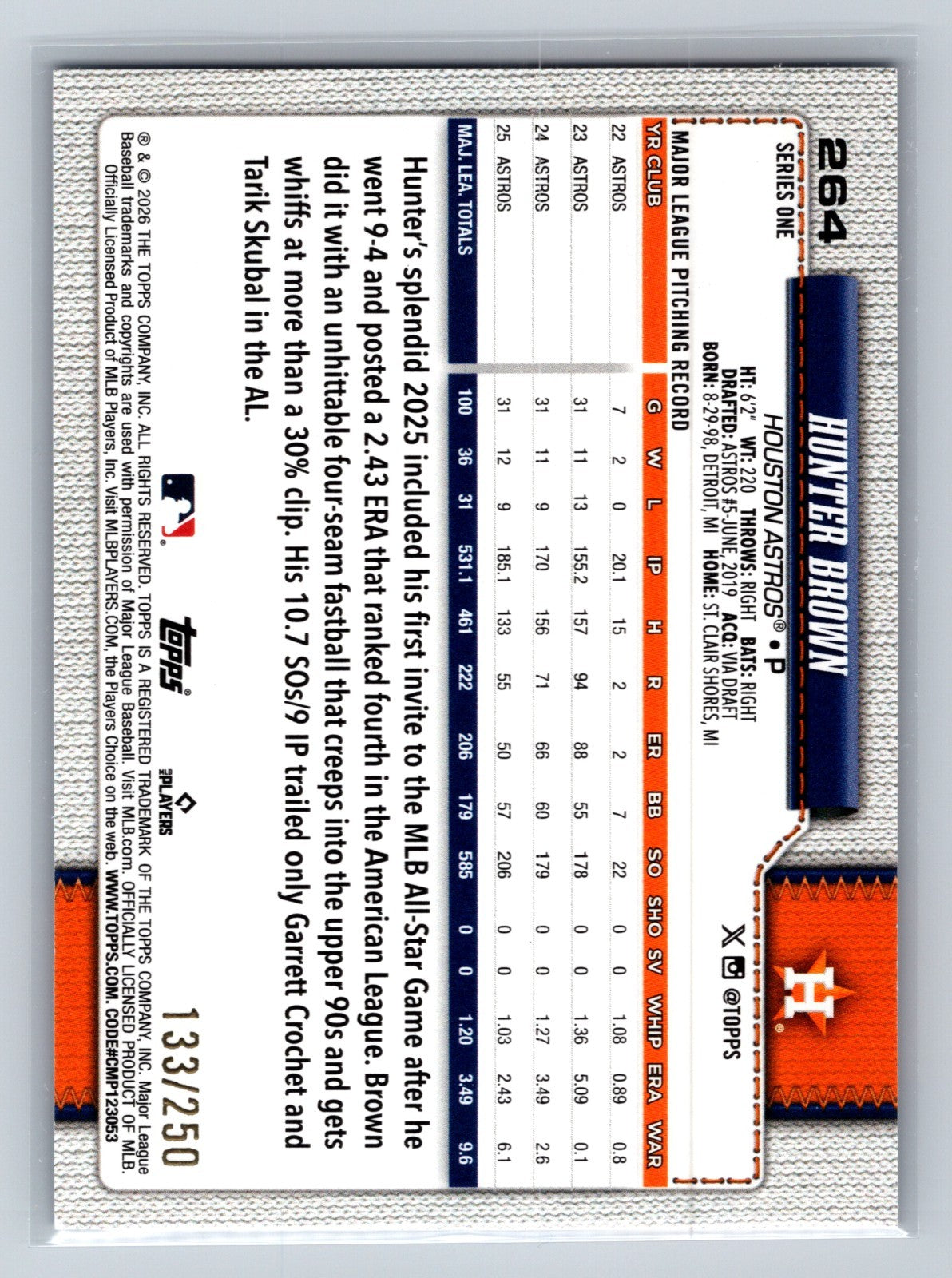 Hunter Brown 2026 Topps Series 1 Purple Foil /250 #264 Astros