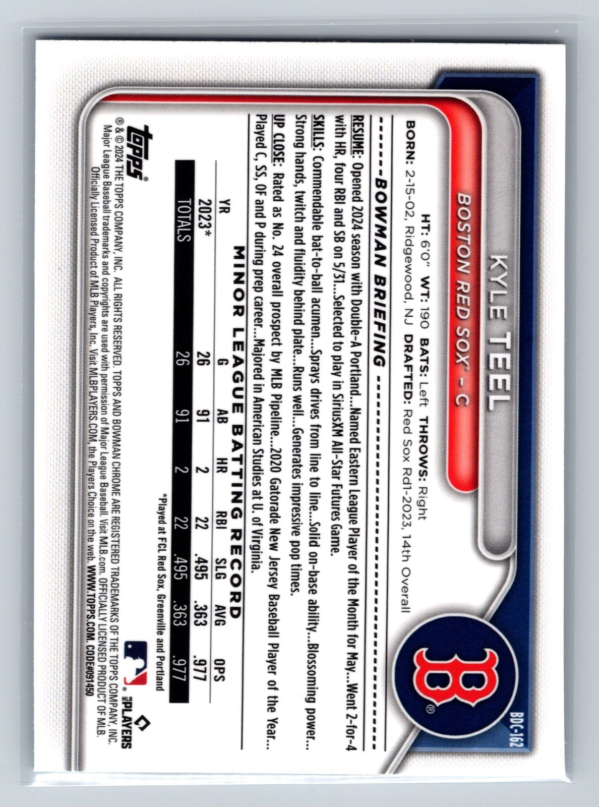Kyle Teel 2024 Bowman Draft Chrome Sky Blue Refractor #BDC-162 Red Sox