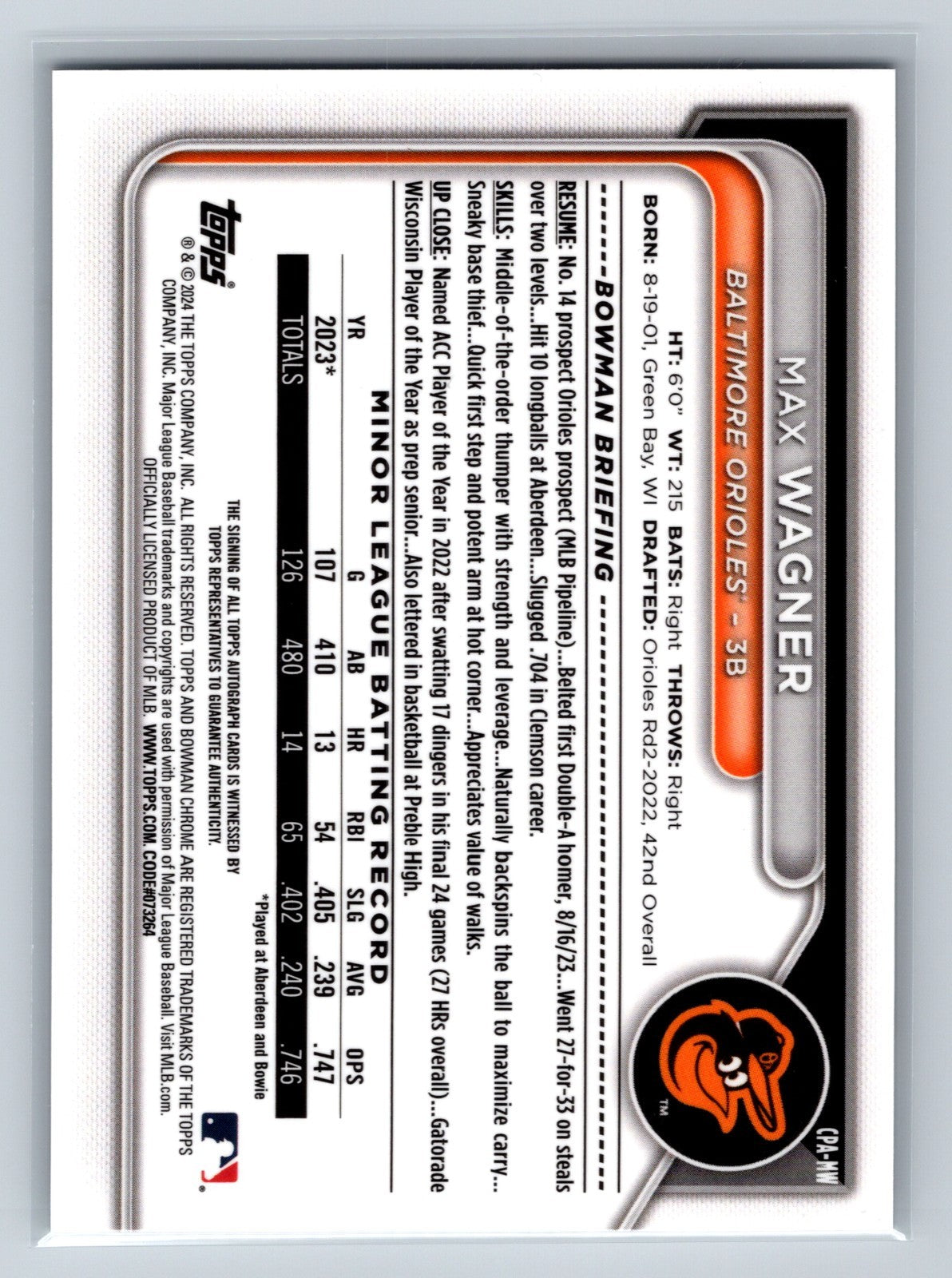Max Wagner 2024 Bowman Chrome Prospects Auto #CPA-MW Orioles