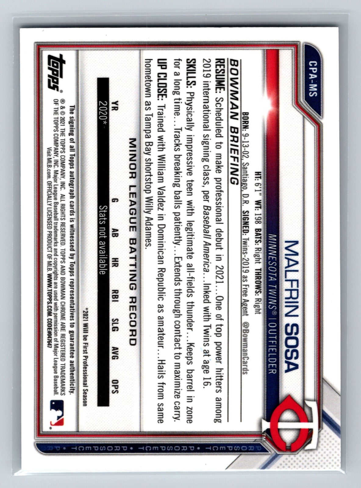 Malfrin Sosa 2021 Bowman Chrome 1st Auto #CPA-MS Twins