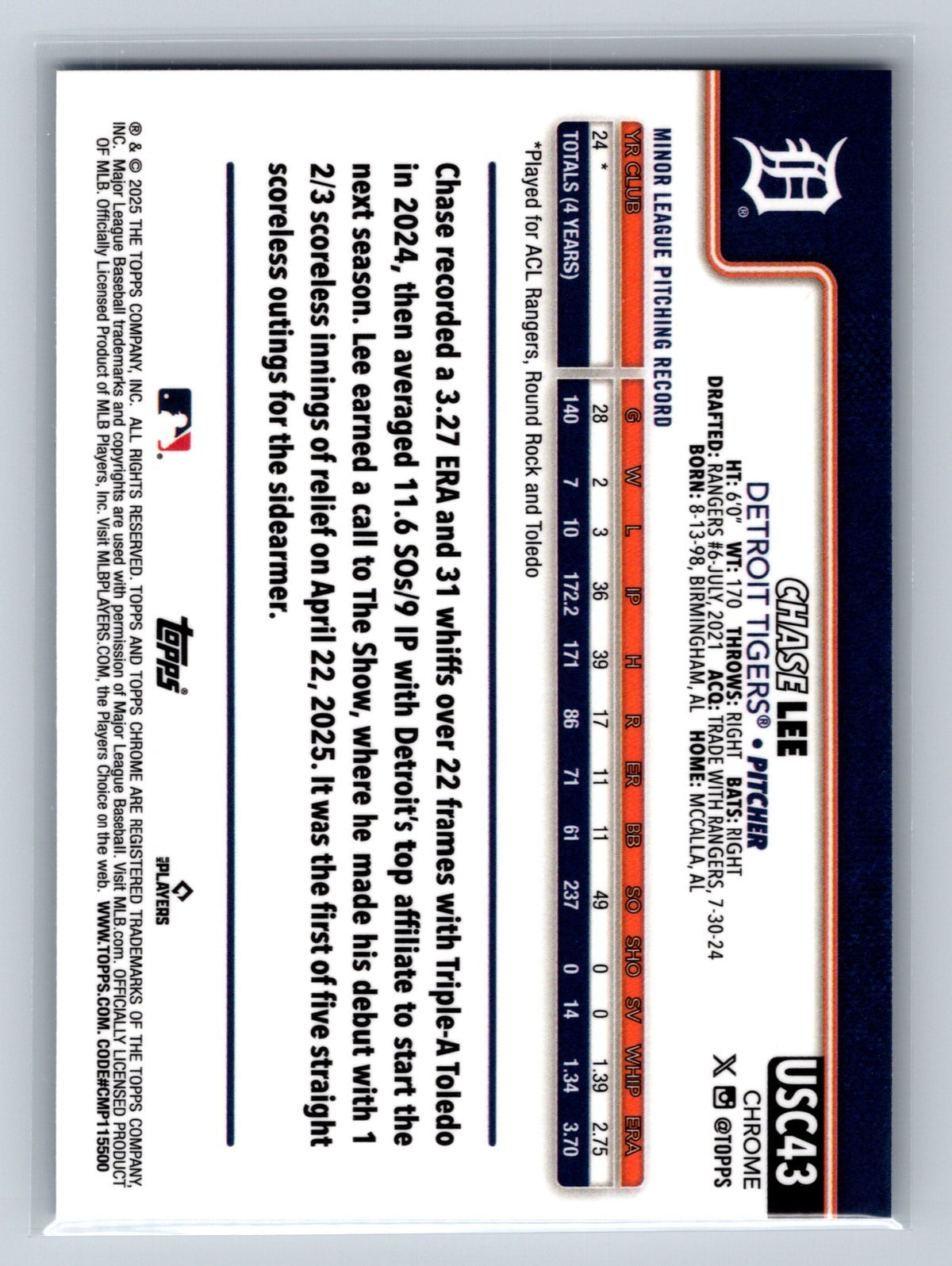 Chase Lee 2025 Topps Chrome Update Saphire Edition RC #USC43 Tigers