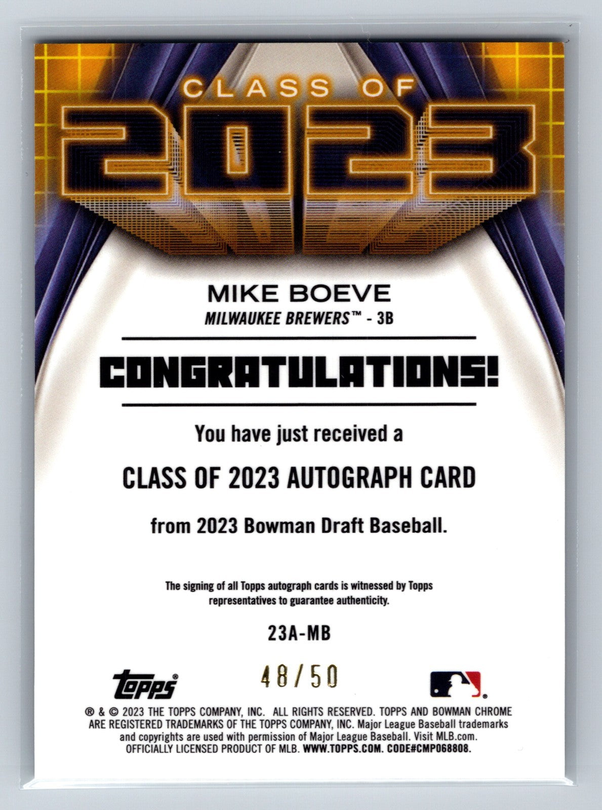 Mike Boeve 2023 Bowman Chrome Class of 2023 Gold Refractor Auto /50 #23A-MB