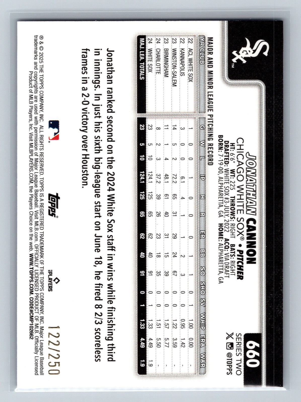 Jonathan Cannon 2025 Topps Series 2 Purple Foil /250 #660 White Sox