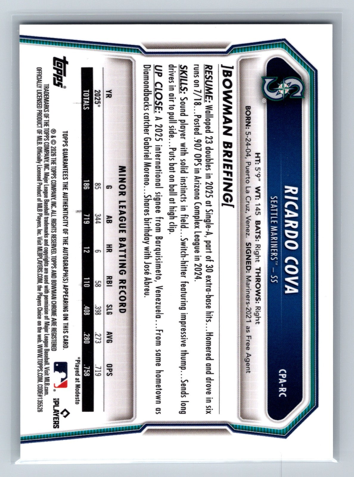 Ricardo Cova 2026 Bowman Chrome 1st Auto #CPA-RC Mariners