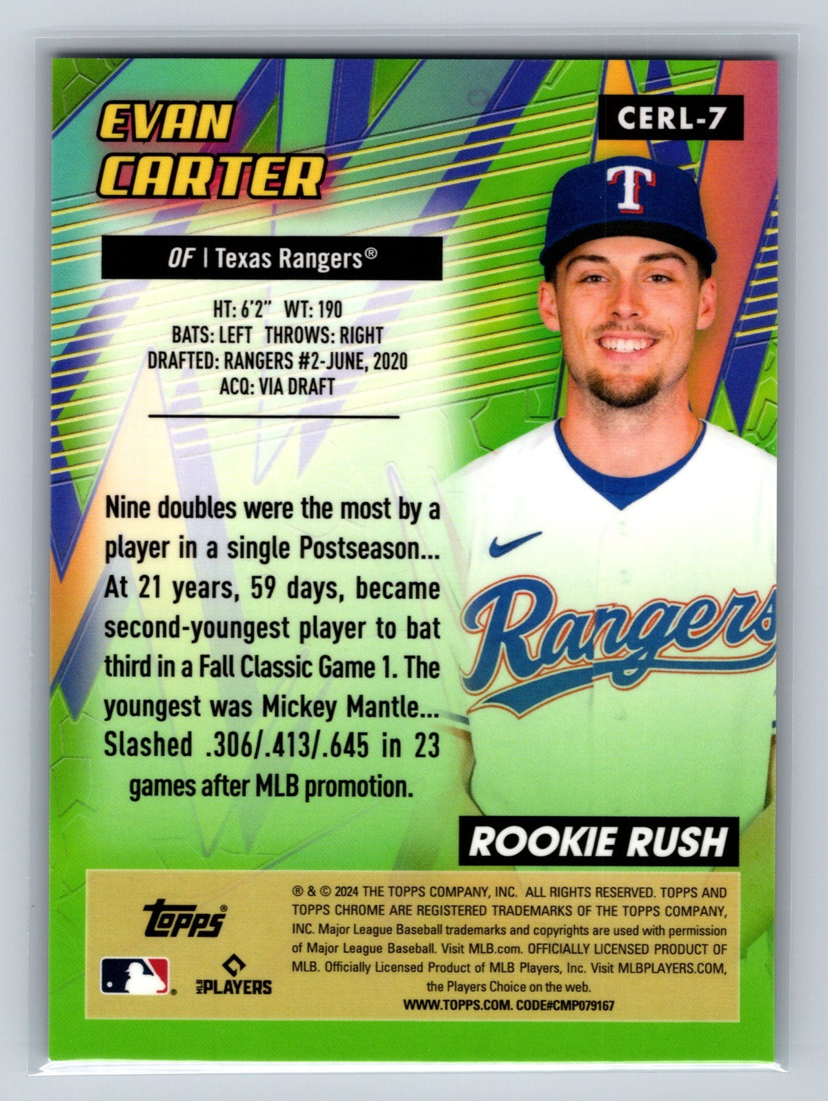 Evan Carter 2024 Topps Chrome All-Etch Rookie Rush Black Refractor RC /10