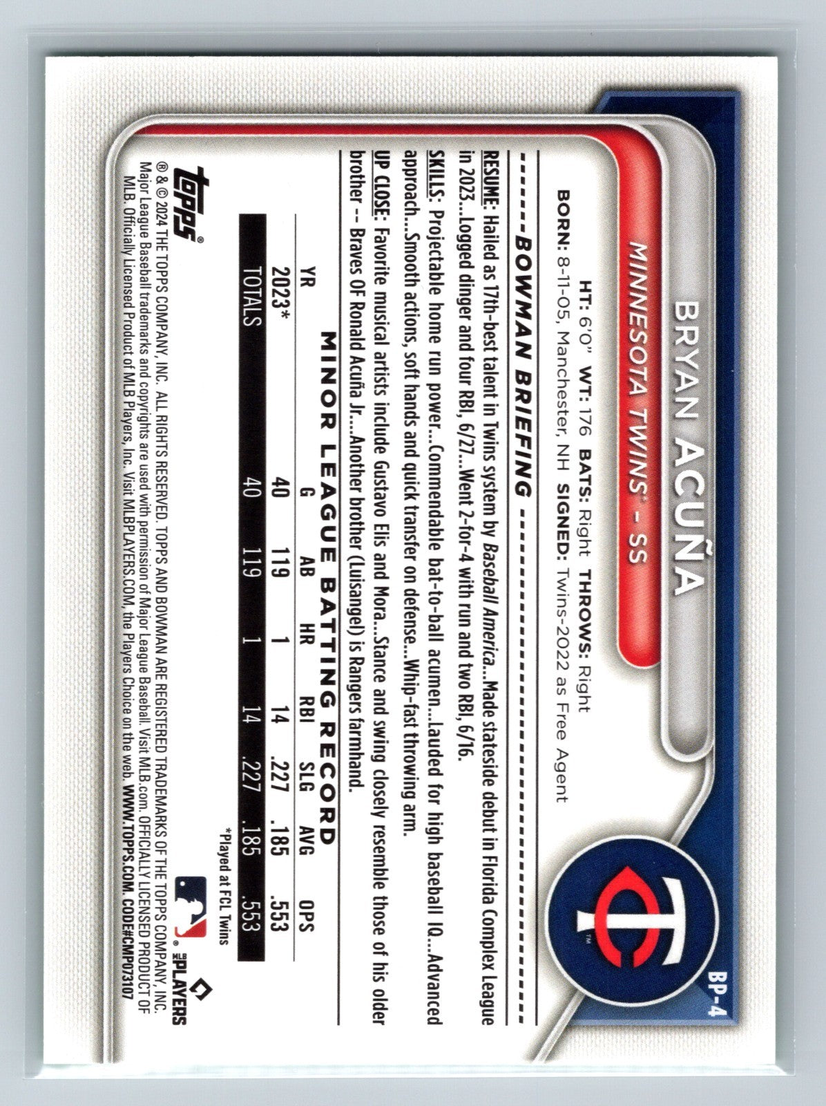 Bryan Acuna 2024 Bowman Paper Prospect Neon Green /399 #BP-4 Twins