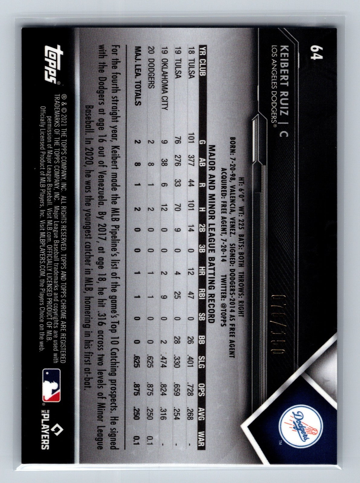 Keibert Ruiz 2021 Topps Chrome Black Blue Refractor RC /150 #64 Dodgers
