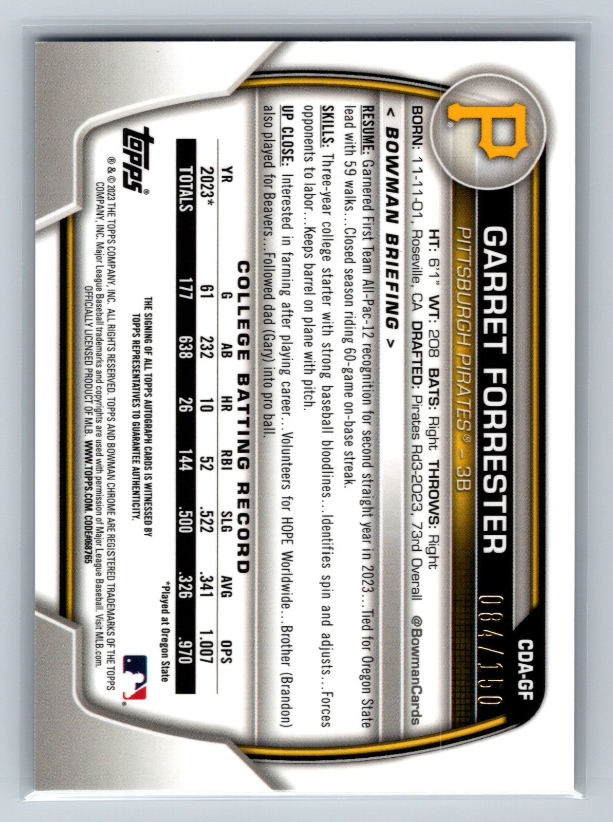 Garret Forrester 2023 Bowman Draft Chrome 1st Blue Refractor Auto /150 #CDA-GF