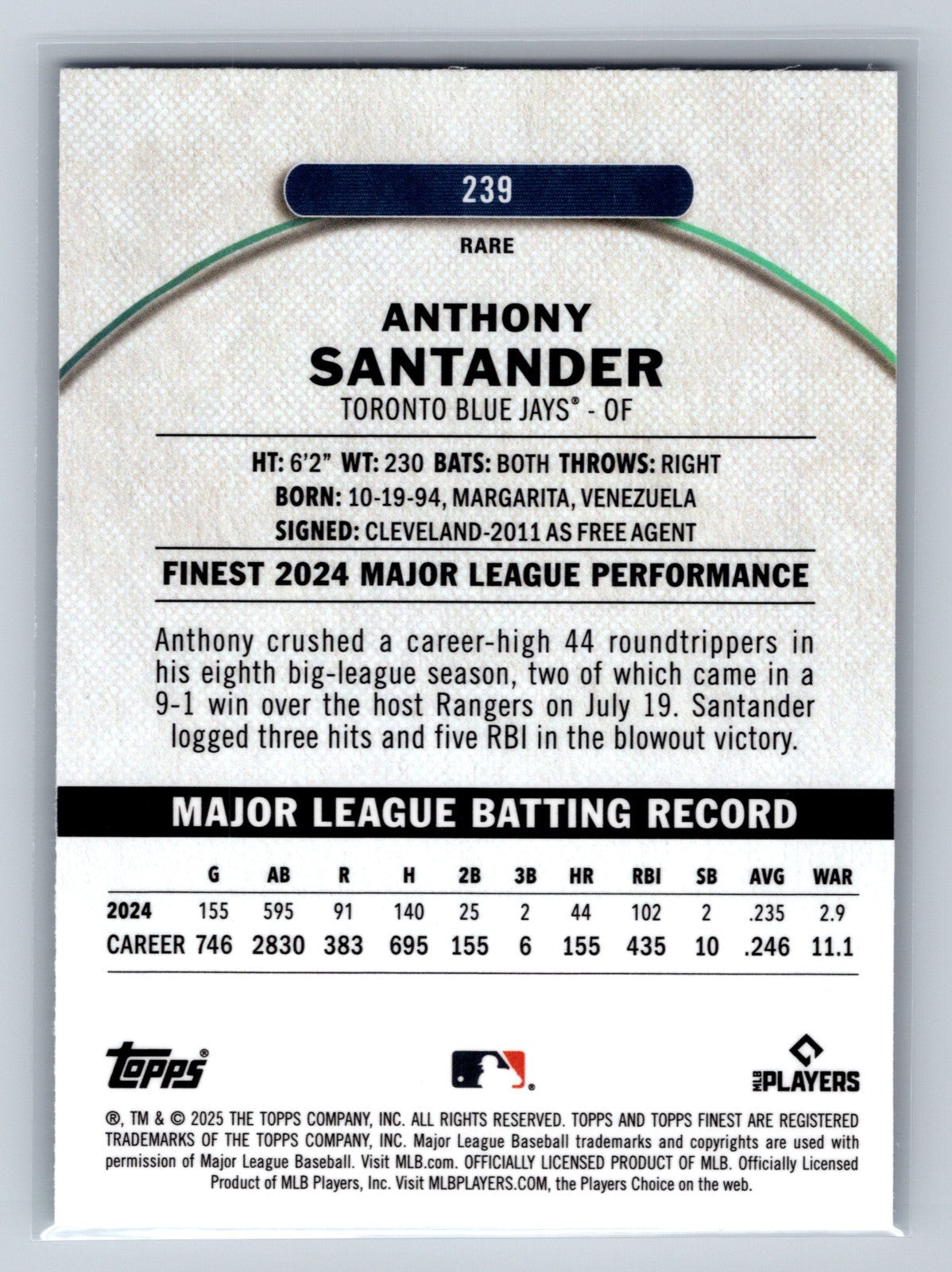Anthony Santander 2025 Topps Finest Rare Blue Refractor /99 #239 Blue Jays