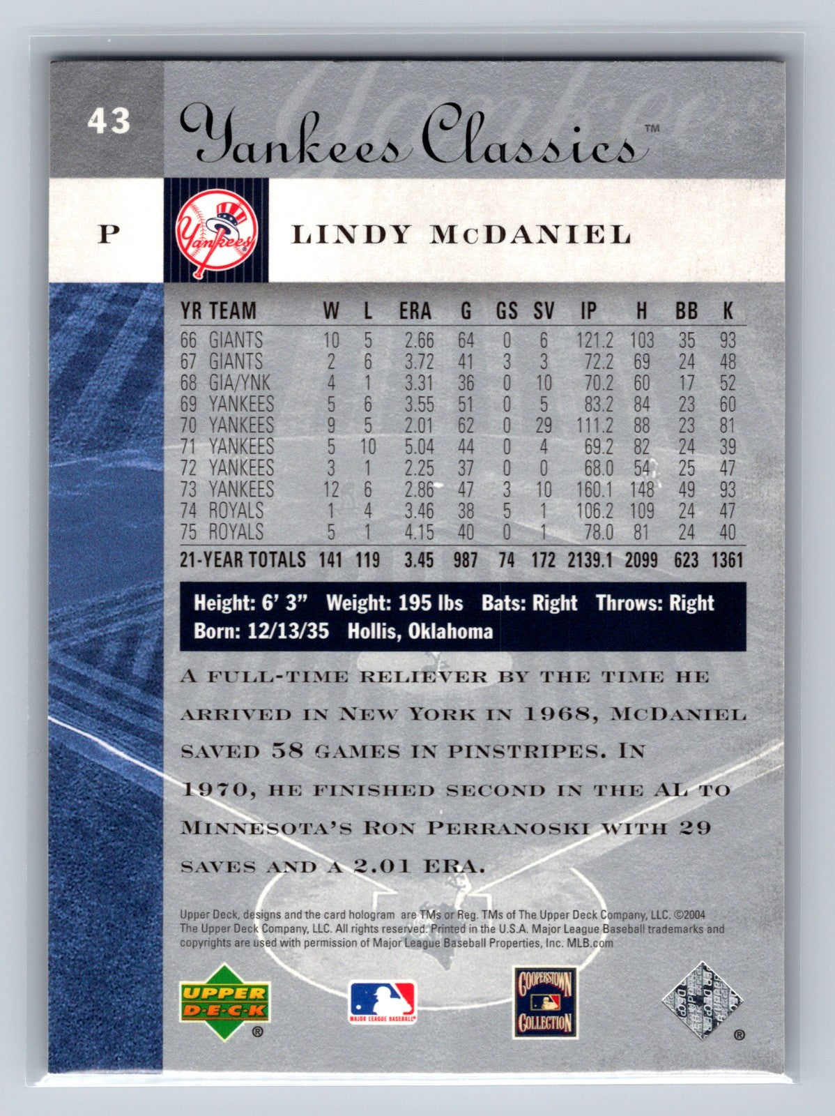 Lindy McDaniel 2004 Upper Deck Yankees Classics #43