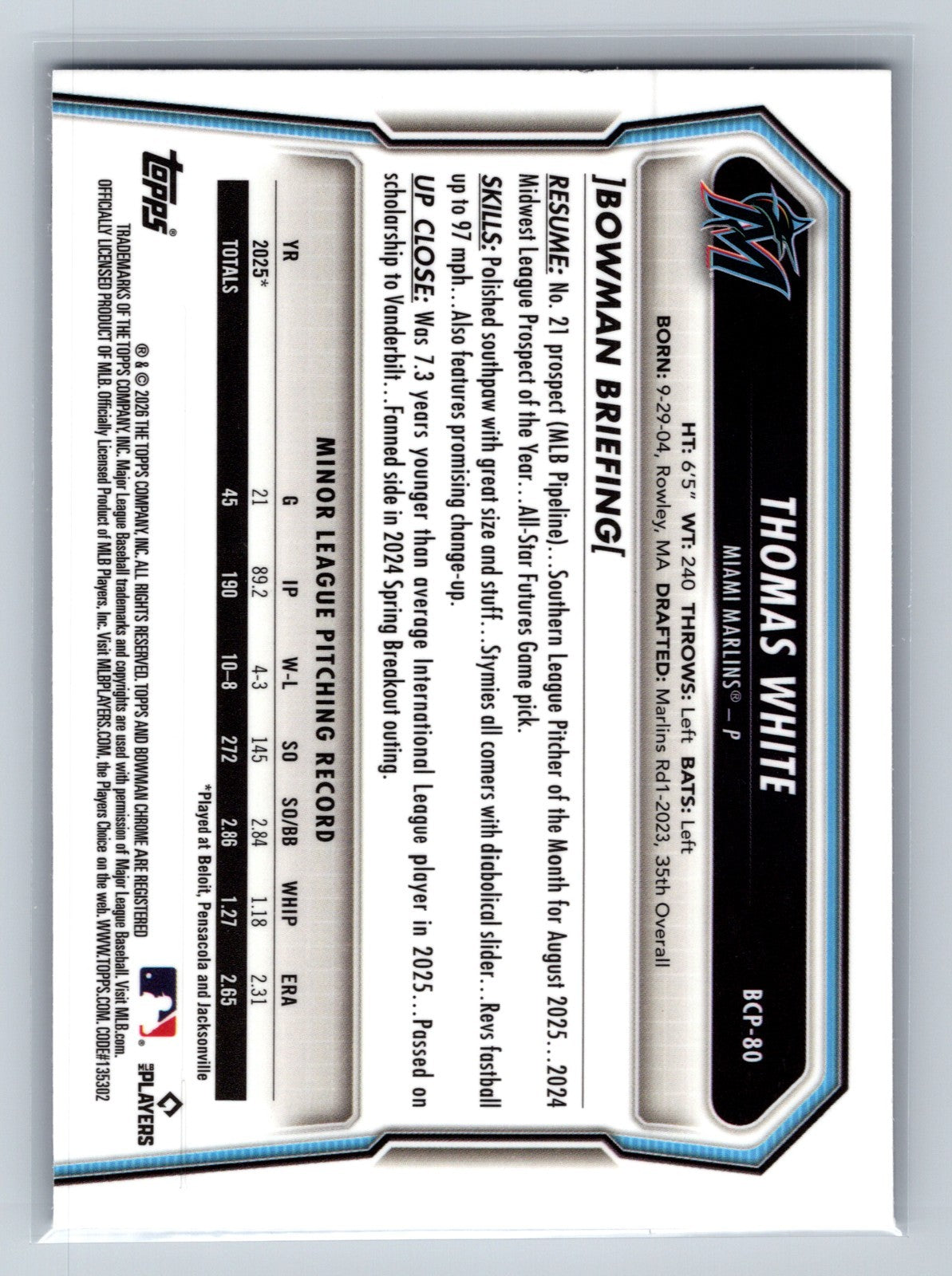 Thomas White 2026 Bowman Chrome Prospect Purple Geometric Refractor /250 #BCP-80